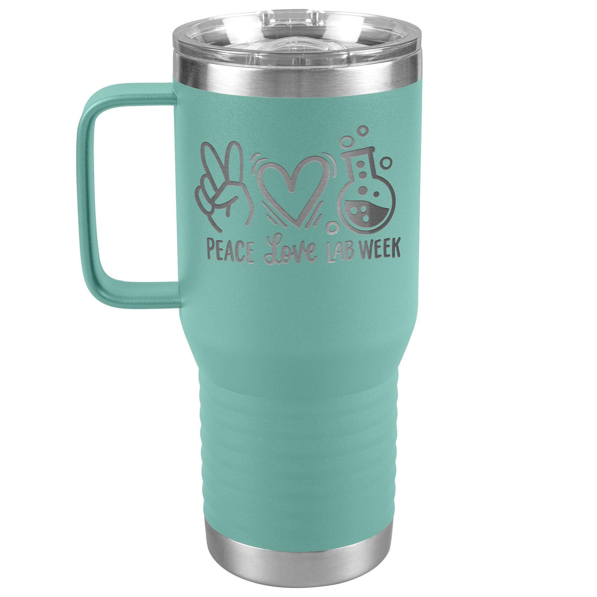 20 oz Travel Tumbler - 'Peace Love Lab Week' with Peace Sign, Heart, and Lab Vial - Celebrate Lab Week with Style!