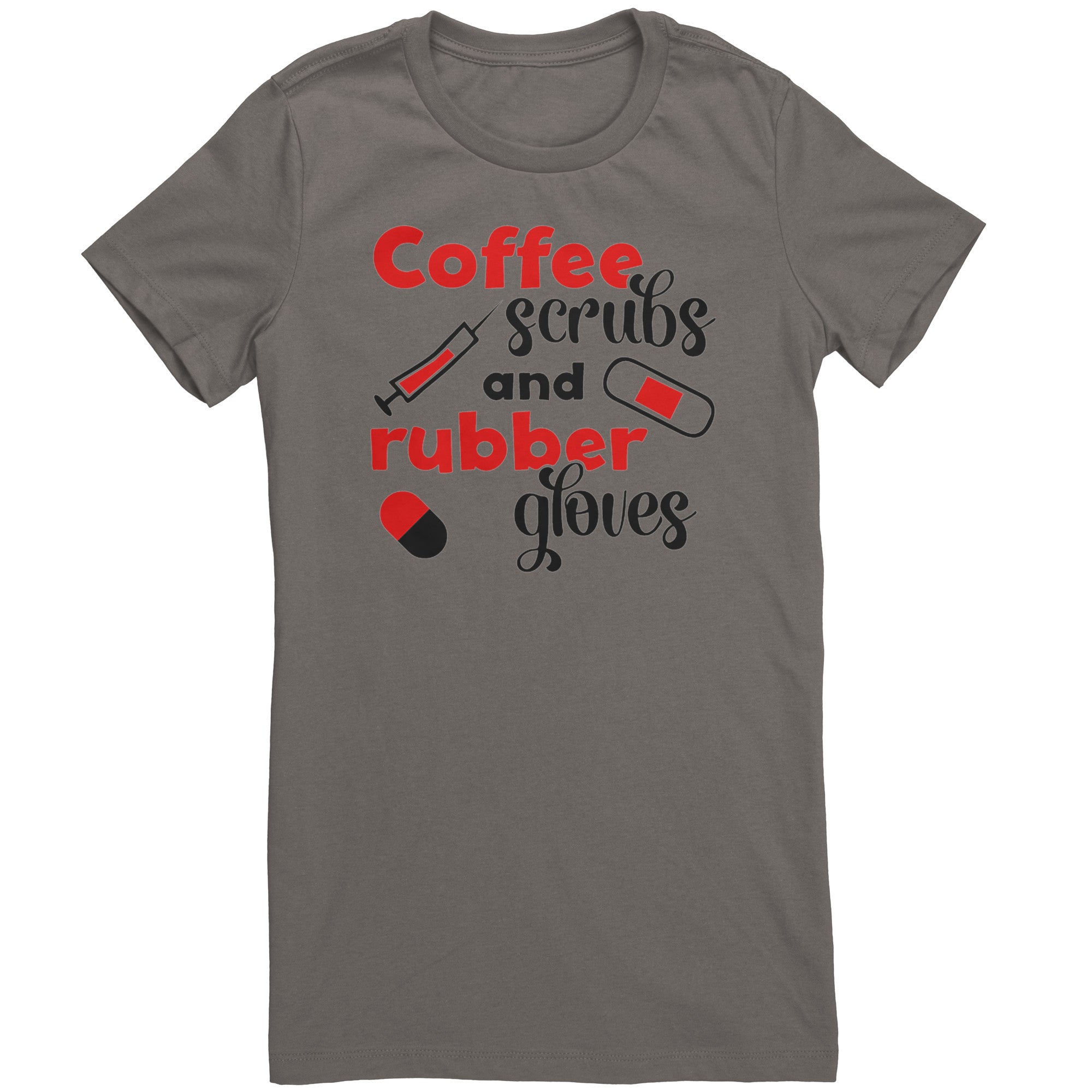 Bella Crew Neck Shirt - Coffee Scrubs & Rubber Gloves with Medical Icons Design