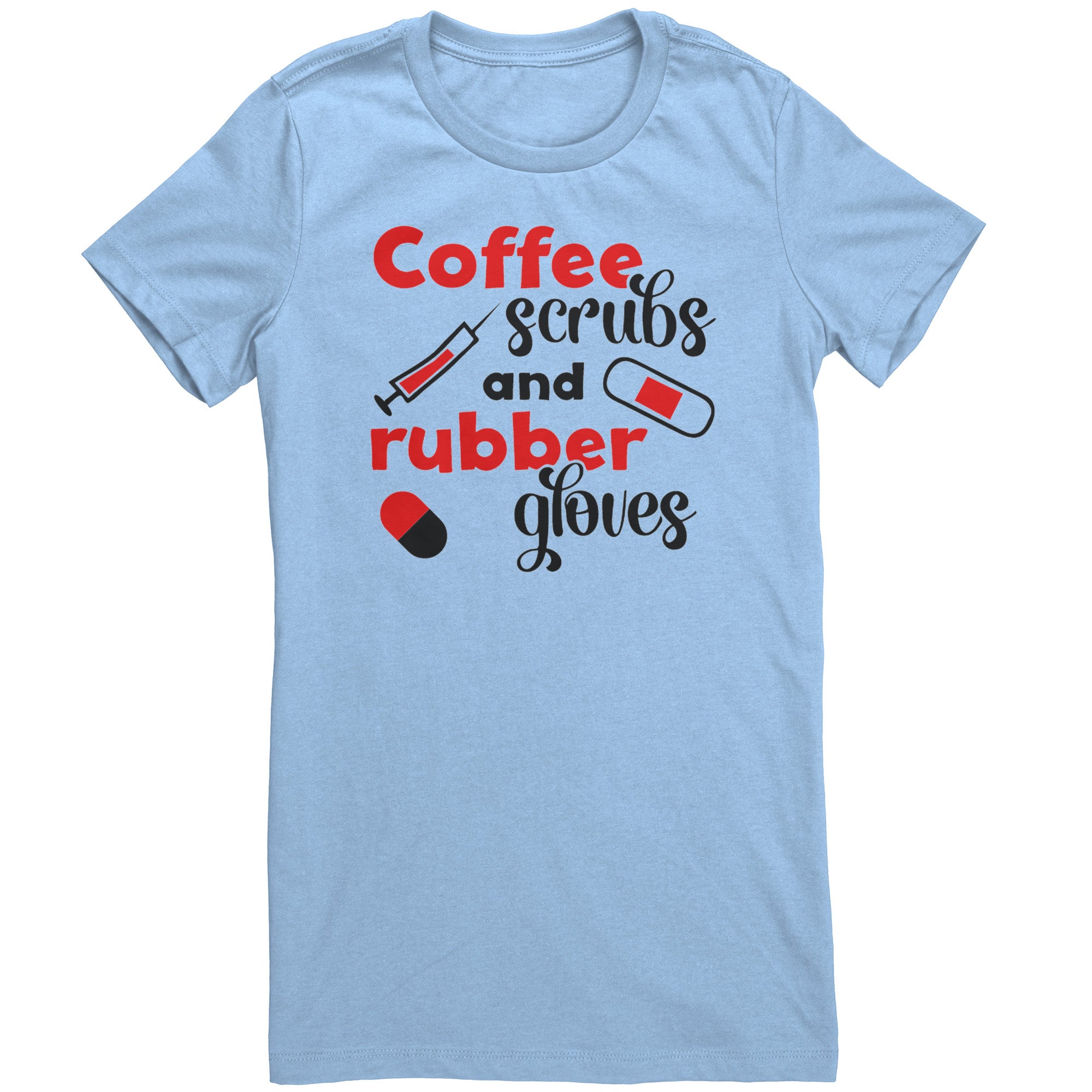 Bella Crew Neck Shirt - Coffee Scrubs & Rubber Gloves with Medical Icons Design