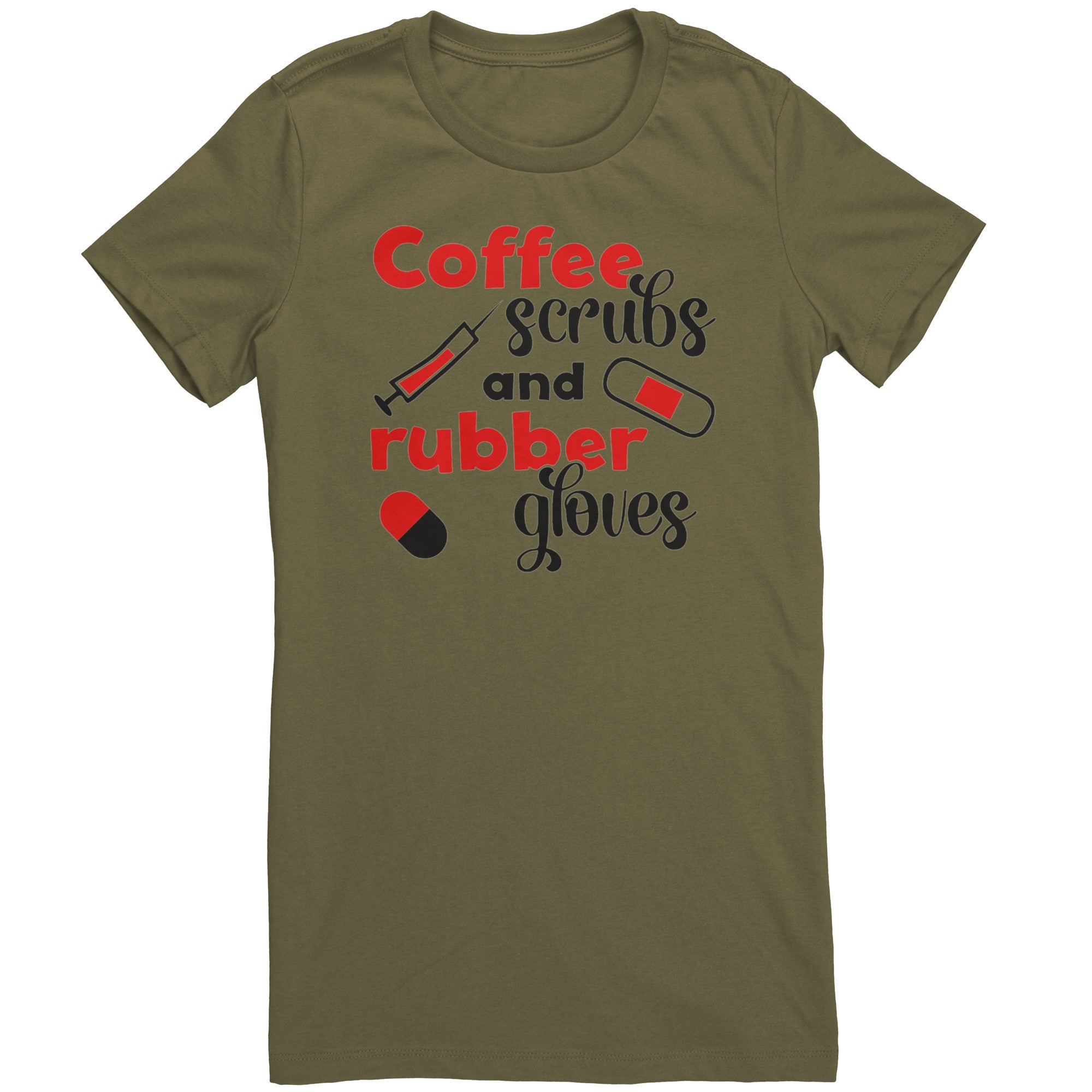 Bella Crew Neck Shirt - Coffee Scrubs & Rubber Gloves with Medical Icons Design