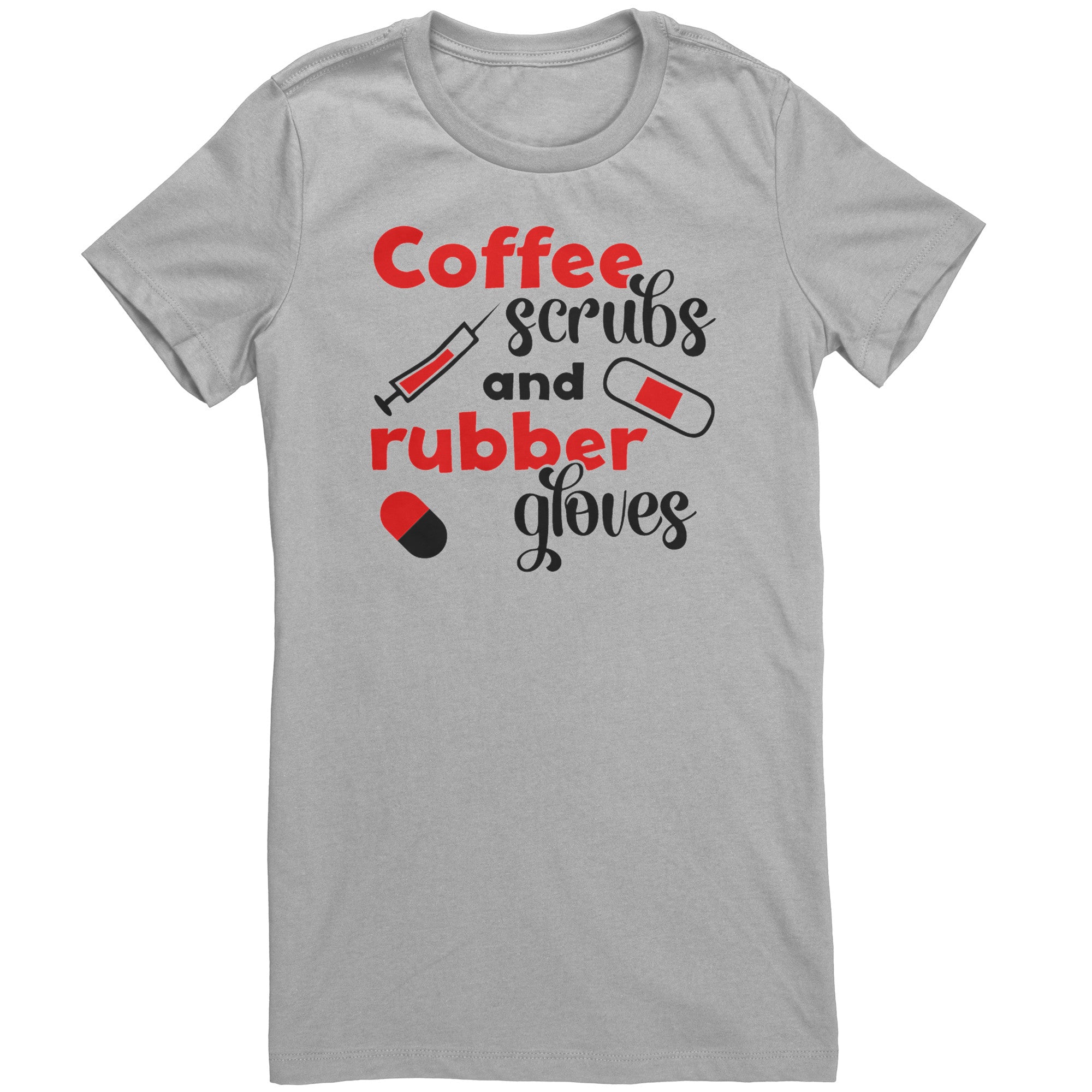 Bella Crew Neck Shirt - Coffee Scrubs & Rubber Gloves with Medical Icons Design