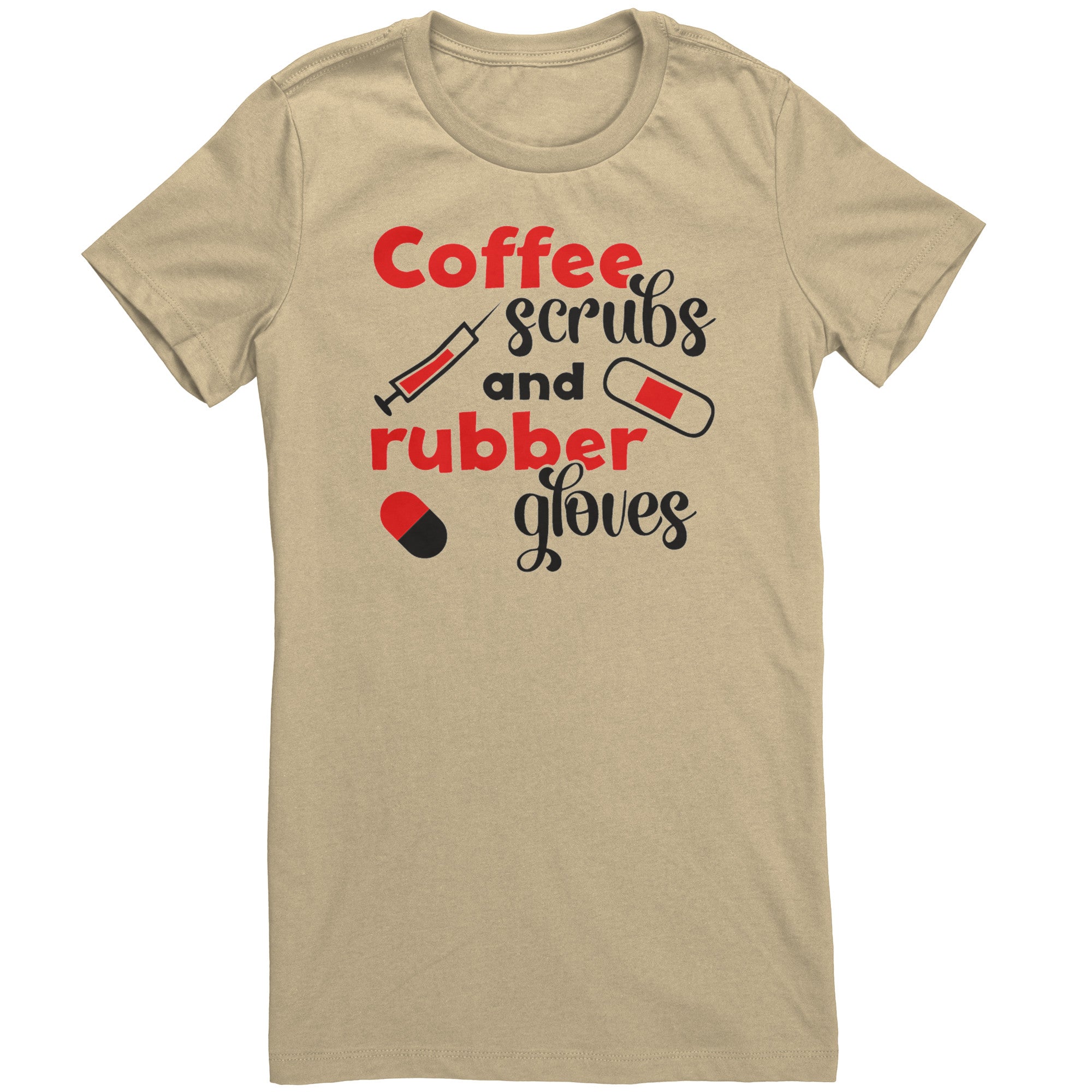 Bella Crew Neck Shirt - Coffee Scrubs & Rubber Gloves with Medical Icons Design