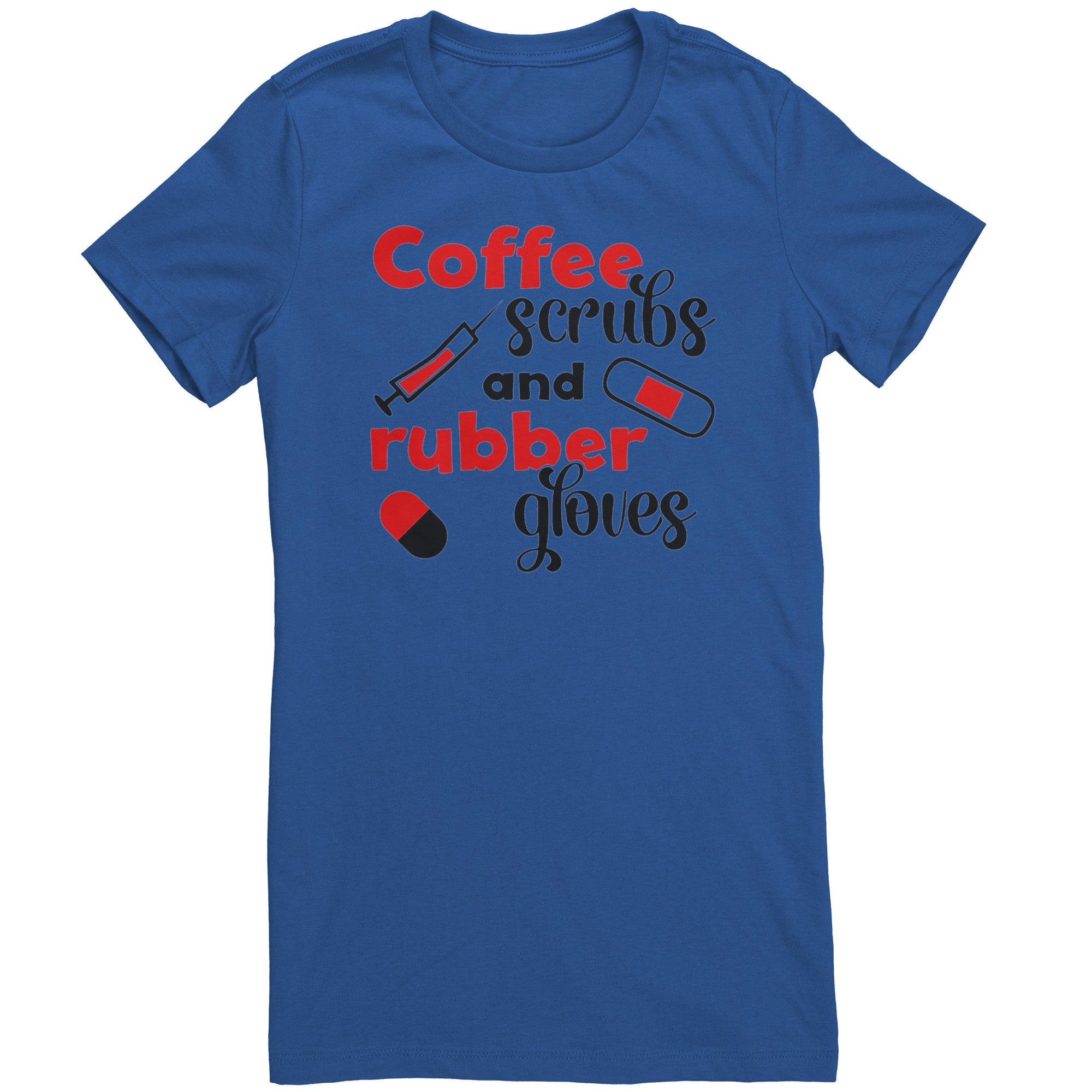 Bella Crew Neck Shirt - Coffee Scrubs & Rubber Gloves with Medical Icons Design