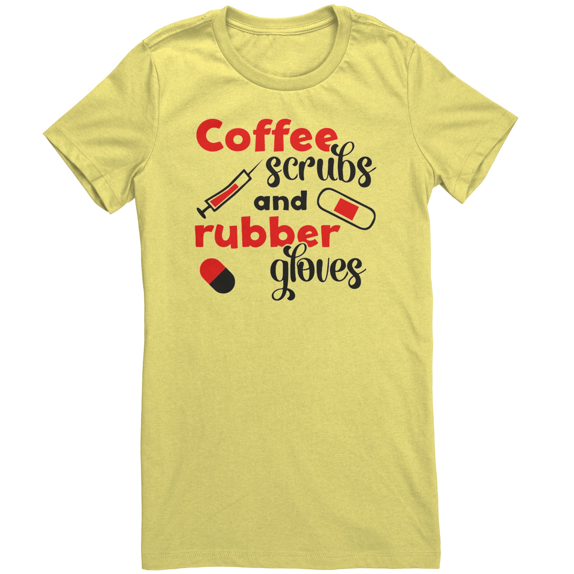 Bella Crew Neck Shirt - Coffee Scrubs & Rubber Gloves with Medical Icons Design