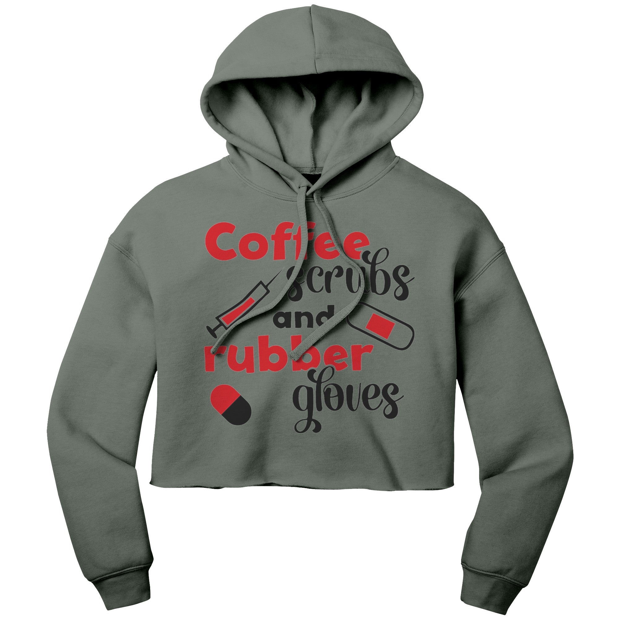 Bella Cropped Hoodie - Coffee, Scrubs, and Rubber Gloves with Medical Icons Design
