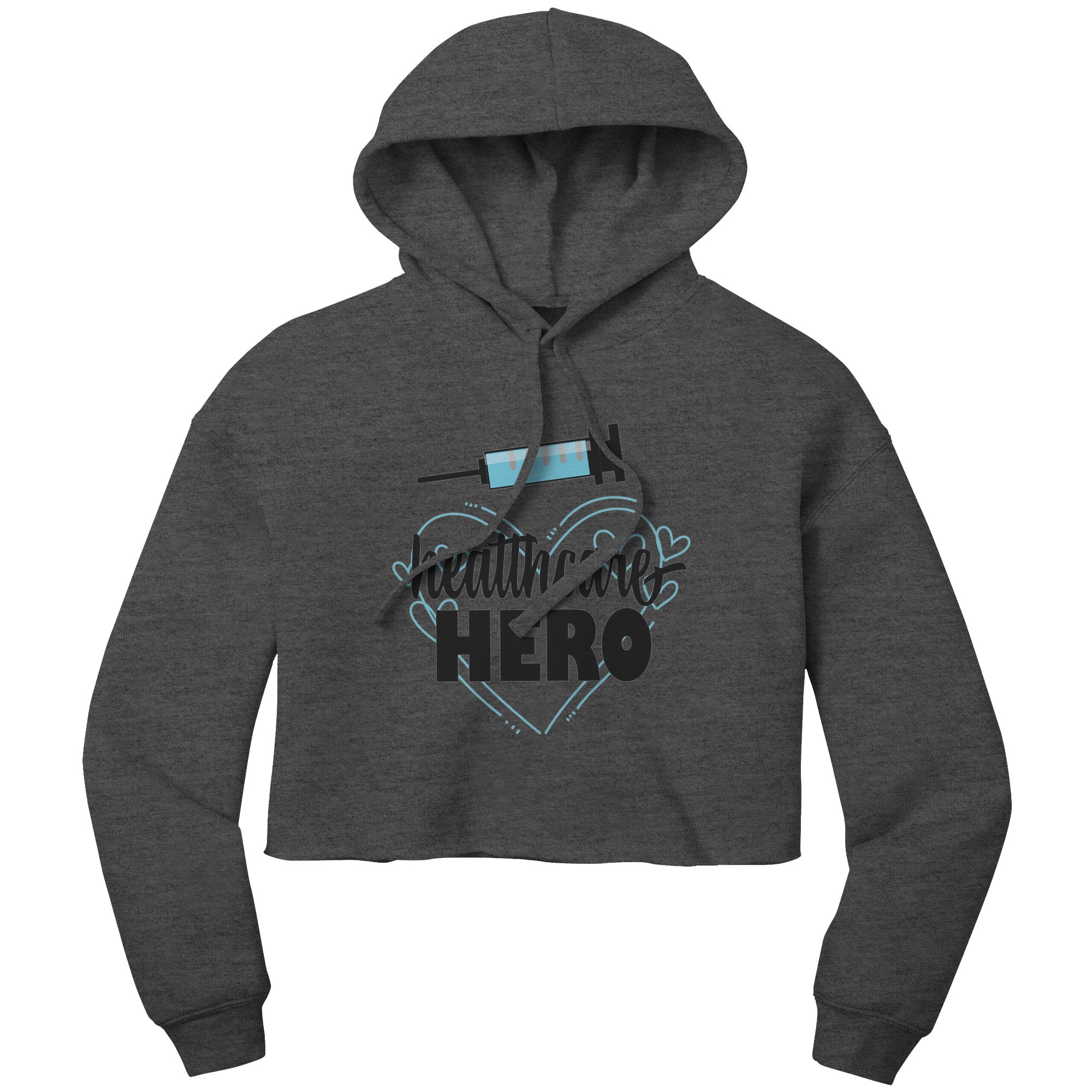 Bella Cropped Hoodie - Healthcare Hero with Light Blue Hearts and Needle Design