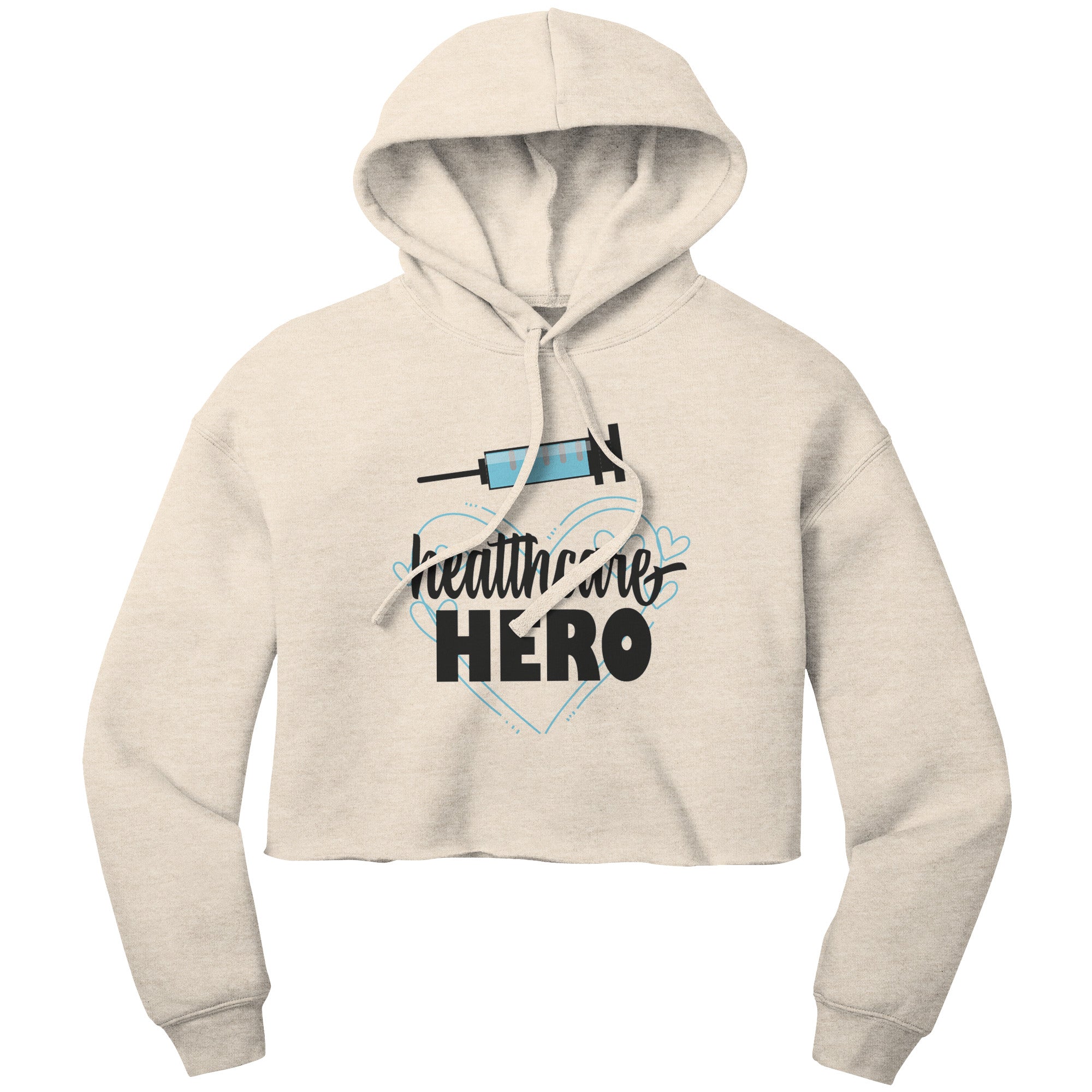 Bella Cropped Hoodie - Healthcare Hero with Light Blue Hearts and Needle Design