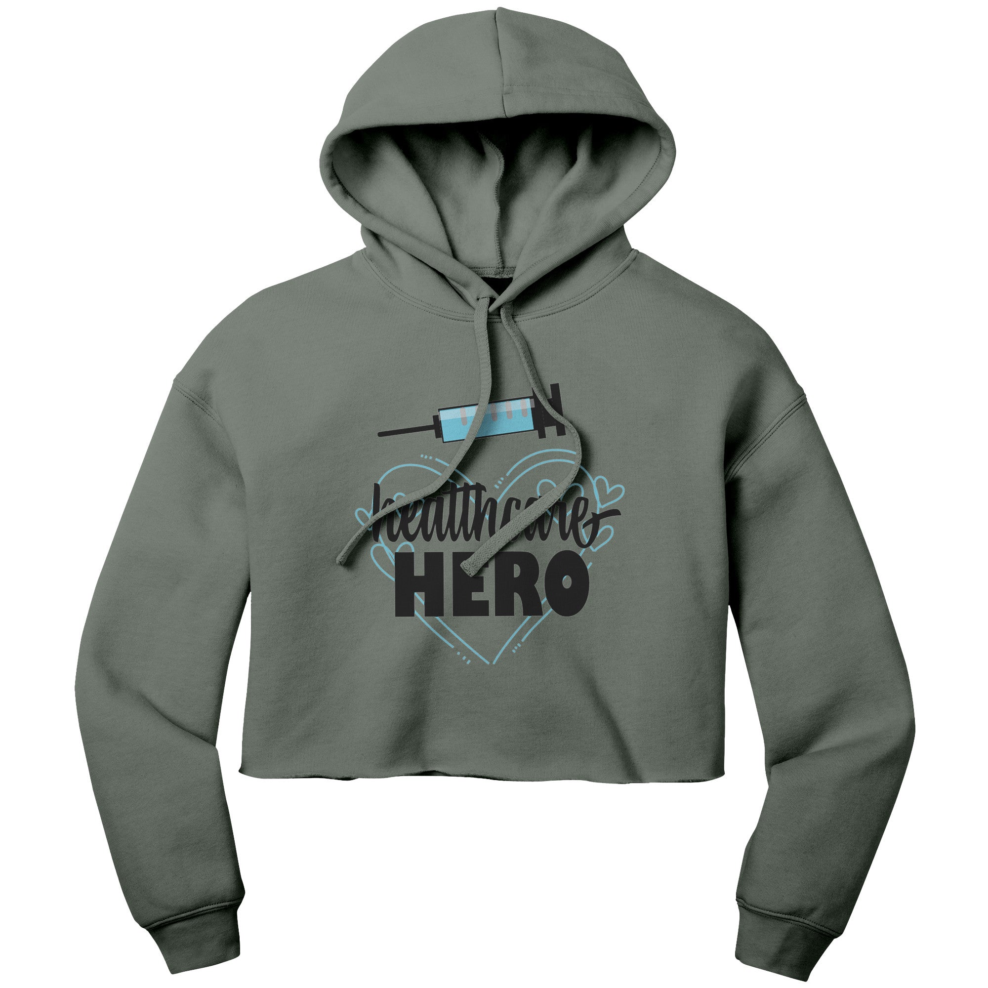 Bella Cropped Hoodie - Healthcare Hero with Light Blue Hearts and Needle Design