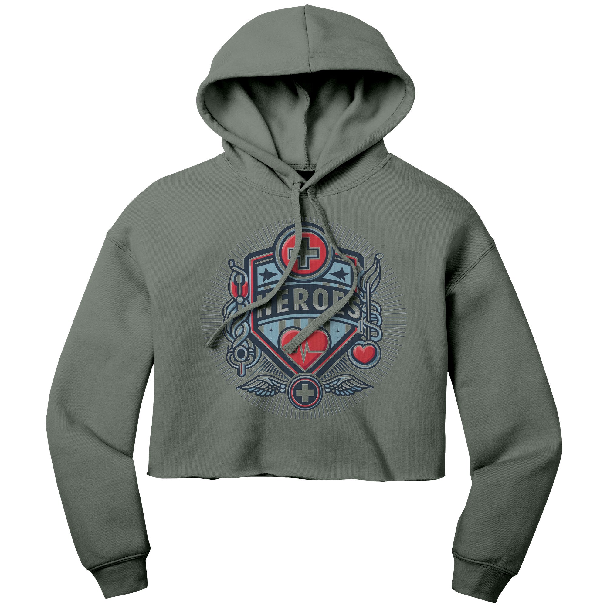 Bella Cropped Hoodie - Heroes with Medical Symbols and Heartbeat Design