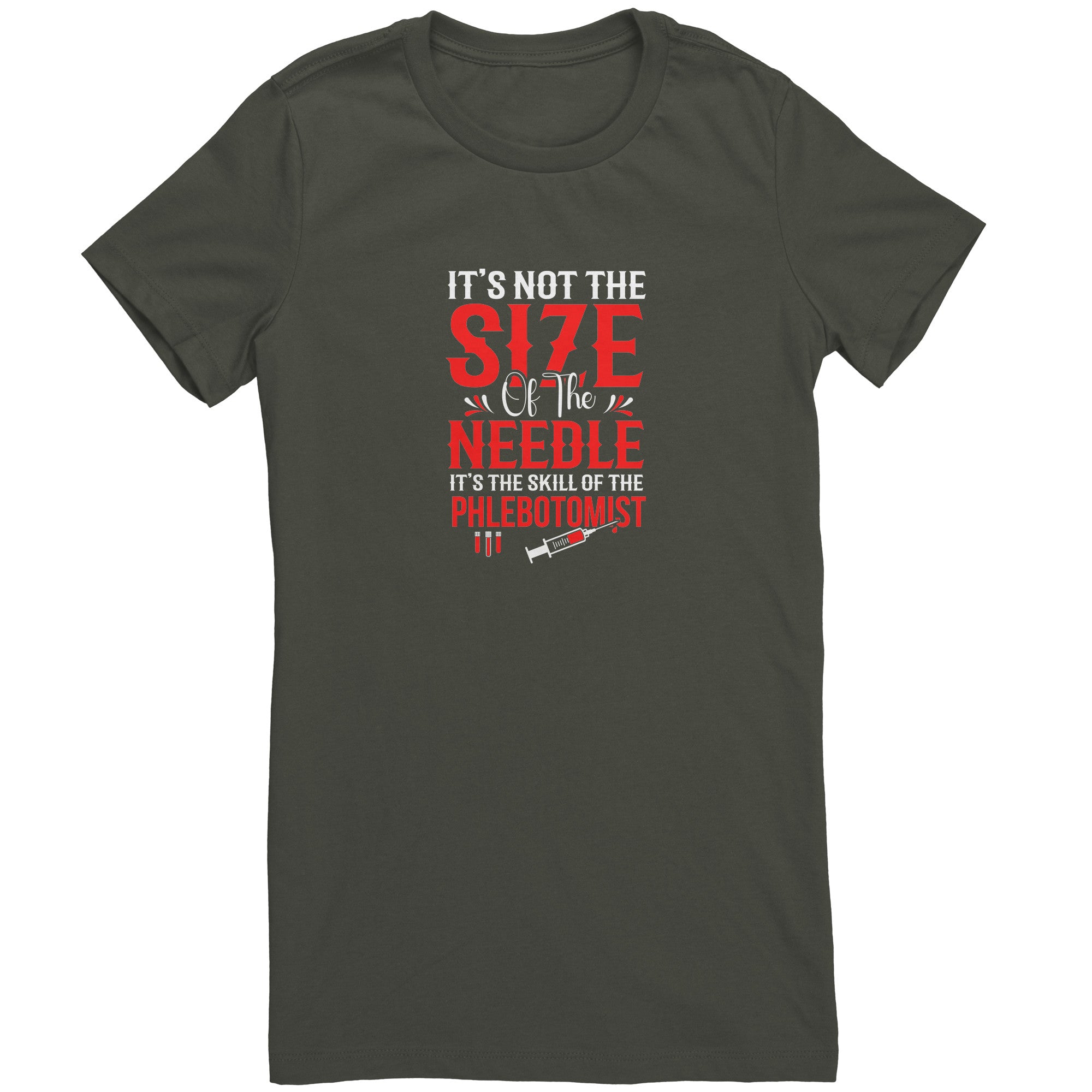 Bella Ladies Crew Neck T-Shirt for Phlebotomists - Celebrating Skill Over Needle Size