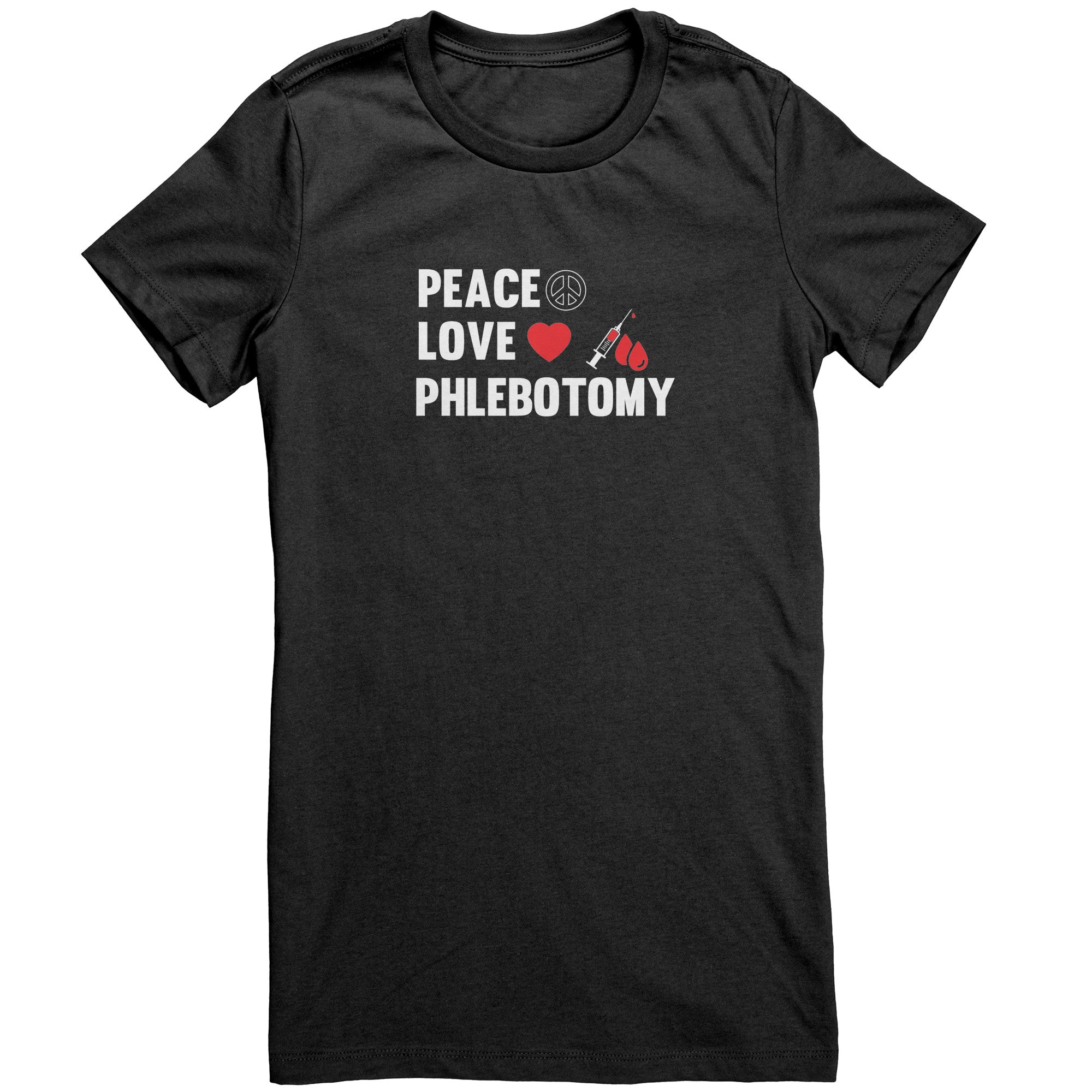 Bella Ladies Crew Neck T-Shirt for Phlebotomists - Peace, Love, and Comfort