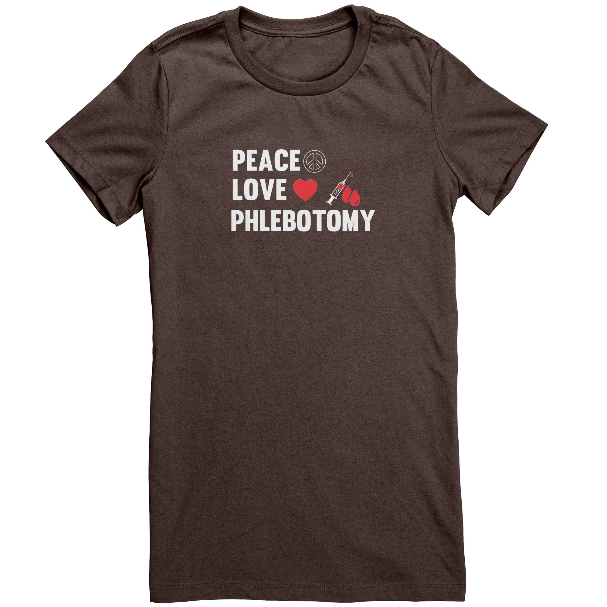 Bella Ladies Crew Neck T-Shirt for Phlebotomists - Peace, Love, and Comfort