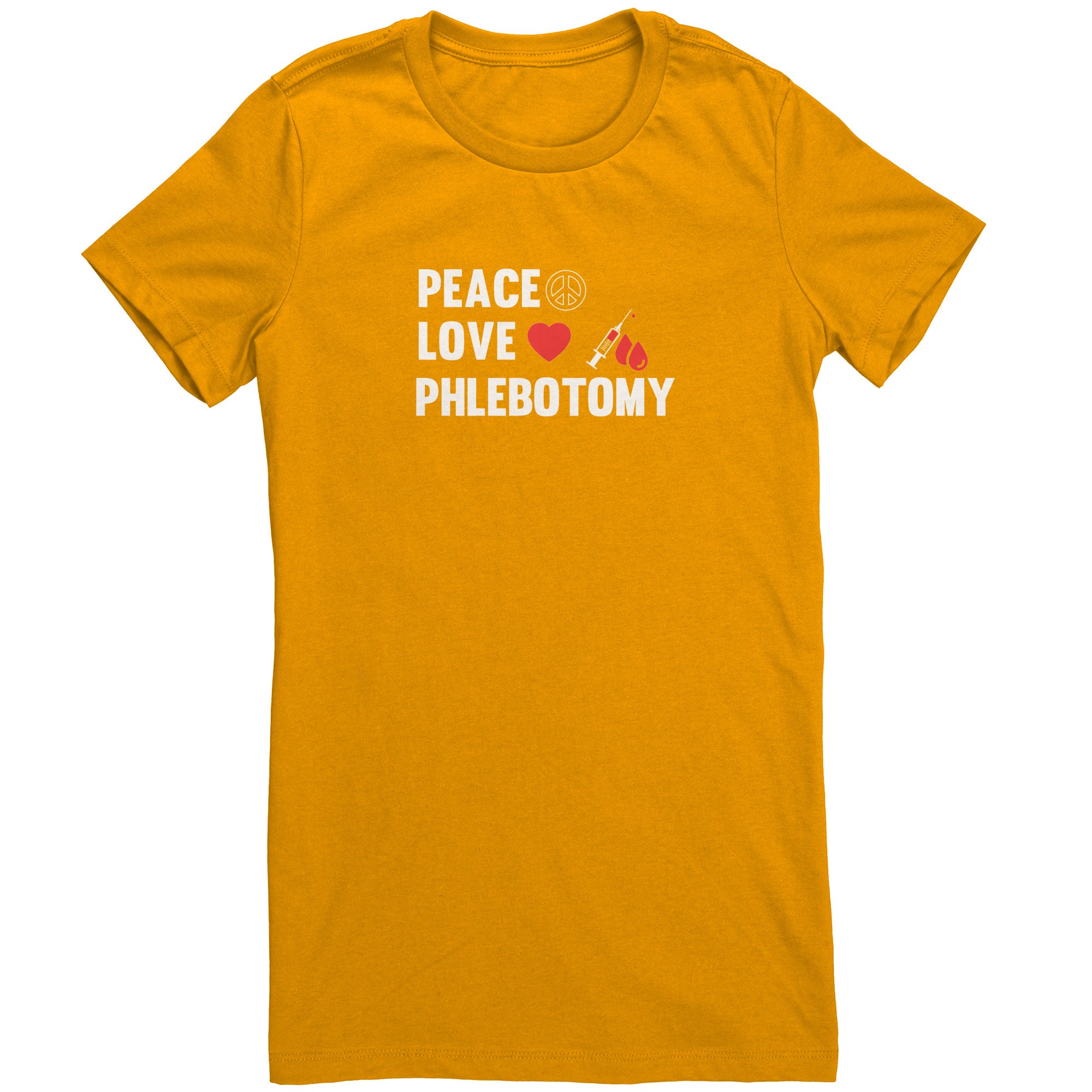 Bella Ladies Crew Neck T-Shirt for Phlebotomists - Peace, Love, and Comfort
