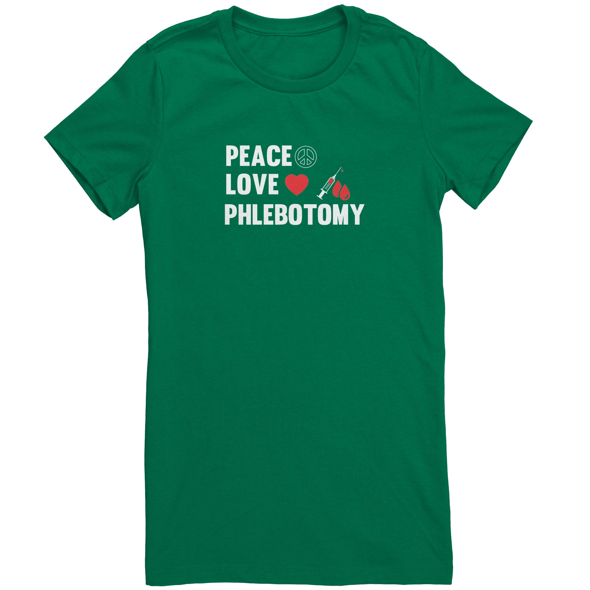 Bella Ladies Crew Neck T-Shirt for Phlebotomists - Peace, Love, and Comfort