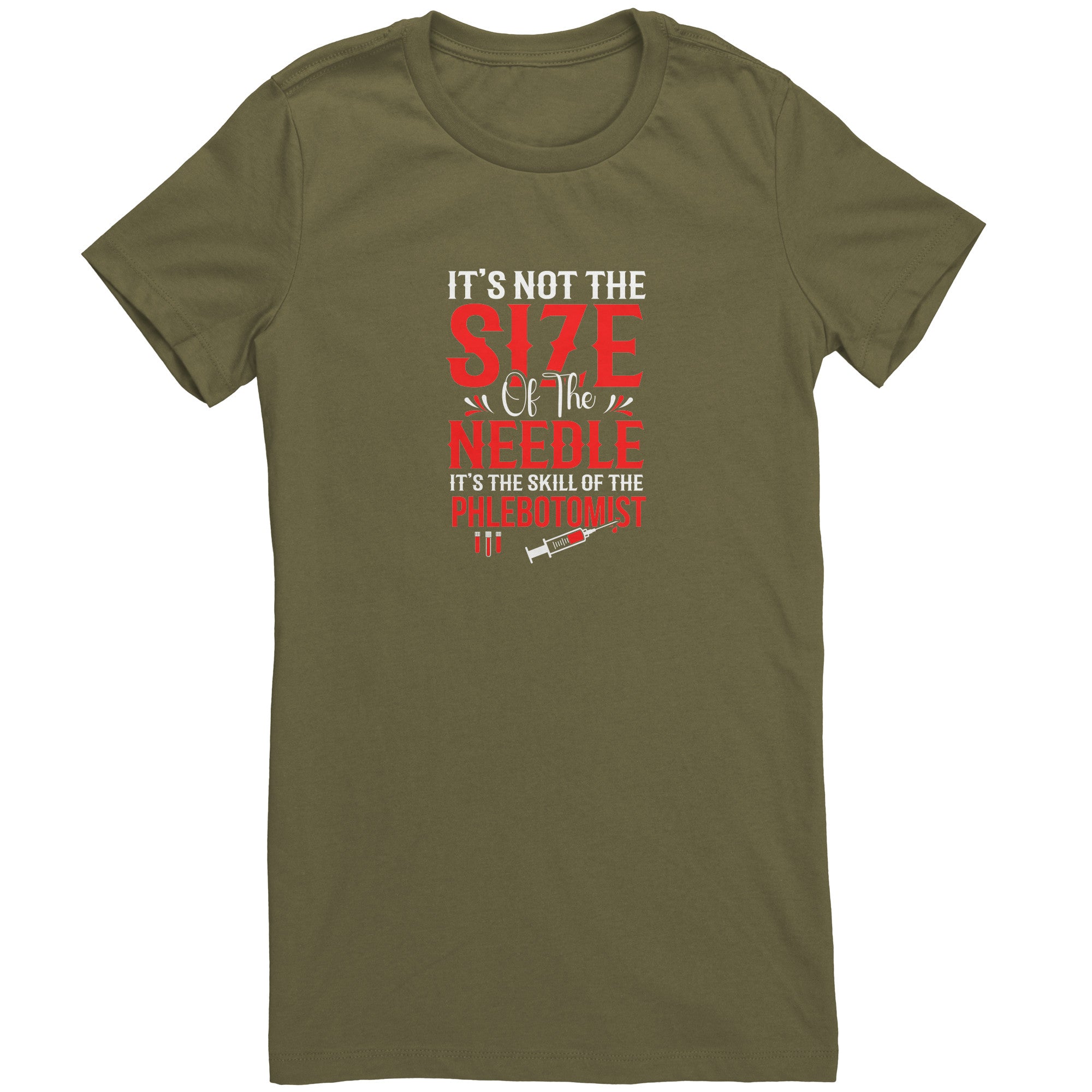 Bella Ladies Crew Neck T-Shirt for Phlebotomists - Celebrating Skill Over Needle Size