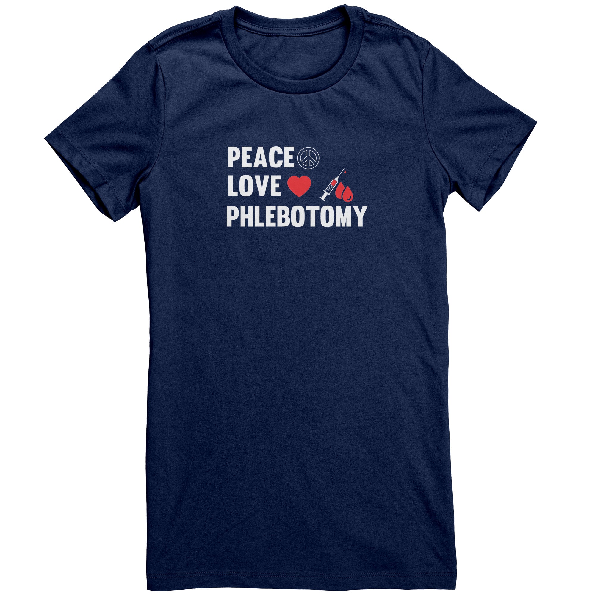 Bella Ladies Crew Neck T-Shirt for Phlebotomists - Peace, Love, and Comfort