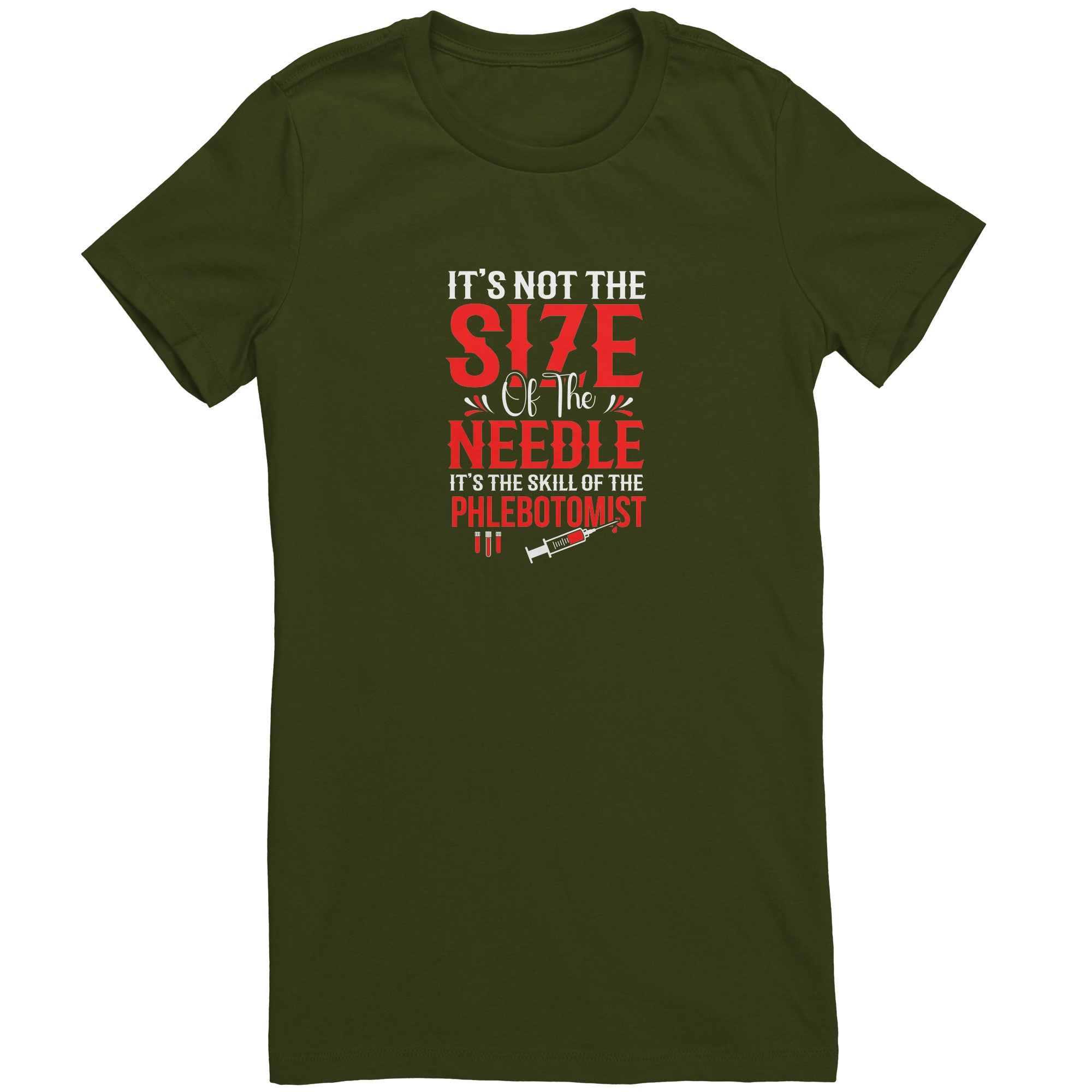 Bella Ladies Crew Neck T-Shirt for Phlebotomists - Celebrating Skill Over Needle Size