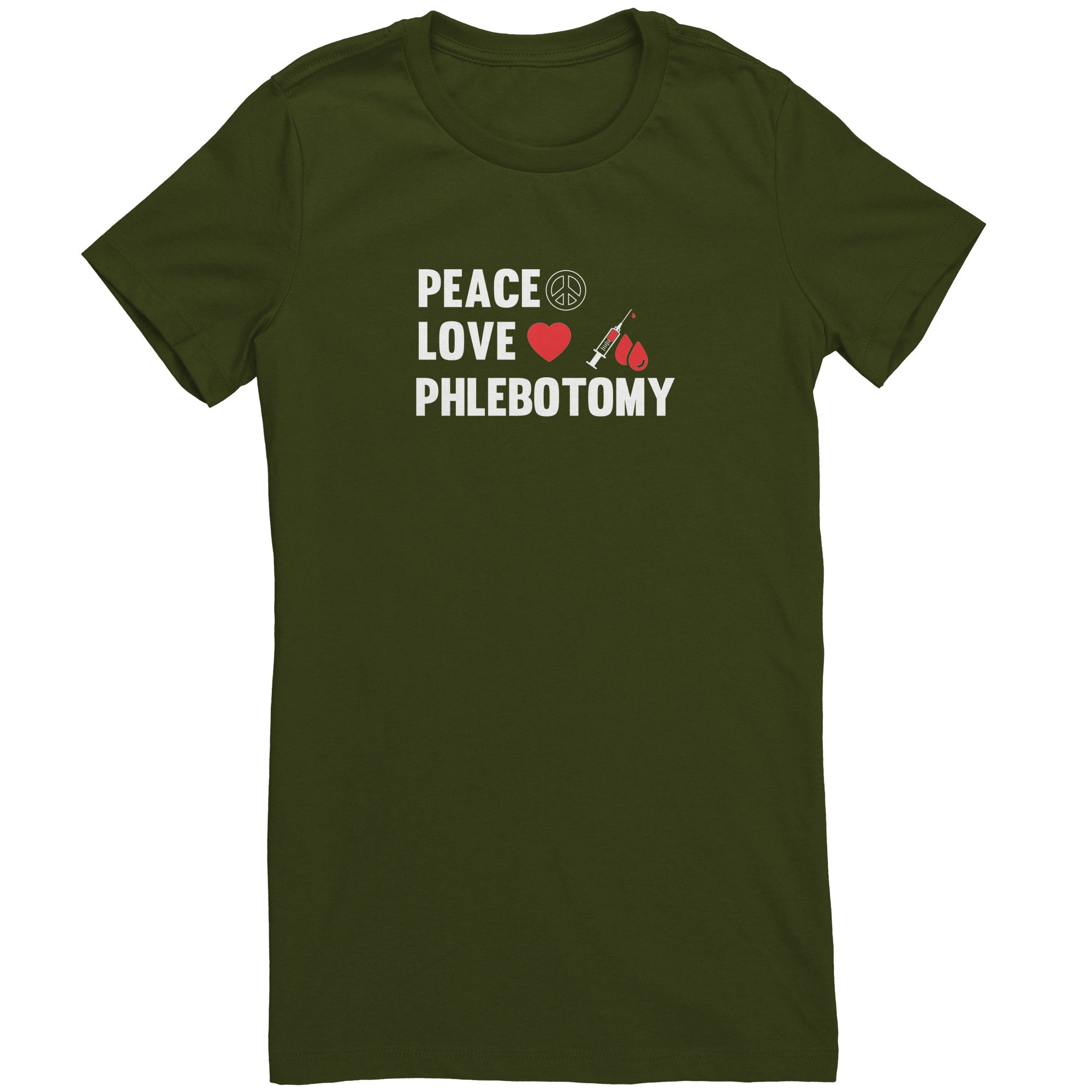 Bella Ladies Crew Neck T-Shirt for Phlebotomists - Peace, Love, and Comfort