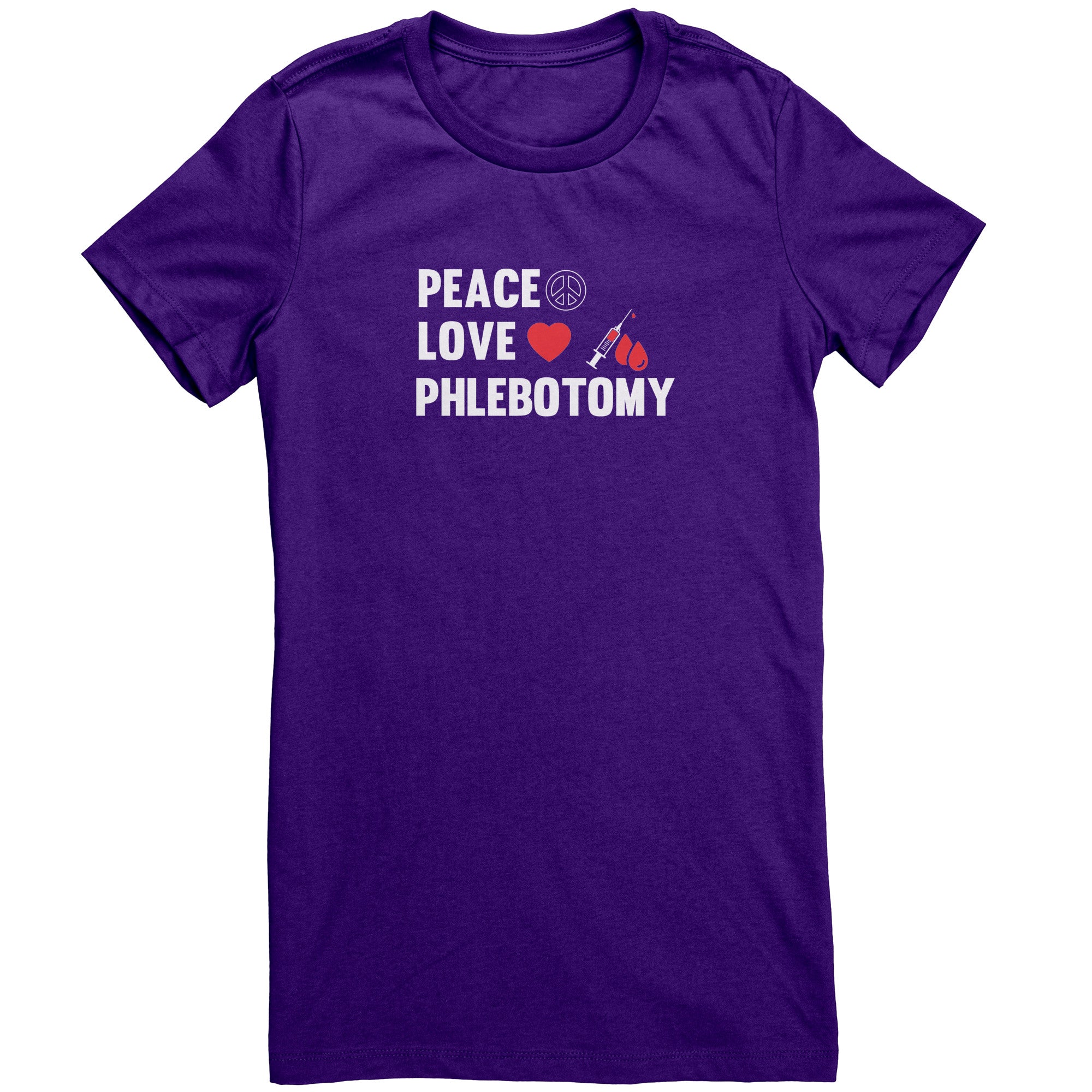 Bella Ladies Crew Neck T-Shirt for Phlebotomists - Peace, Love, and Comfort
