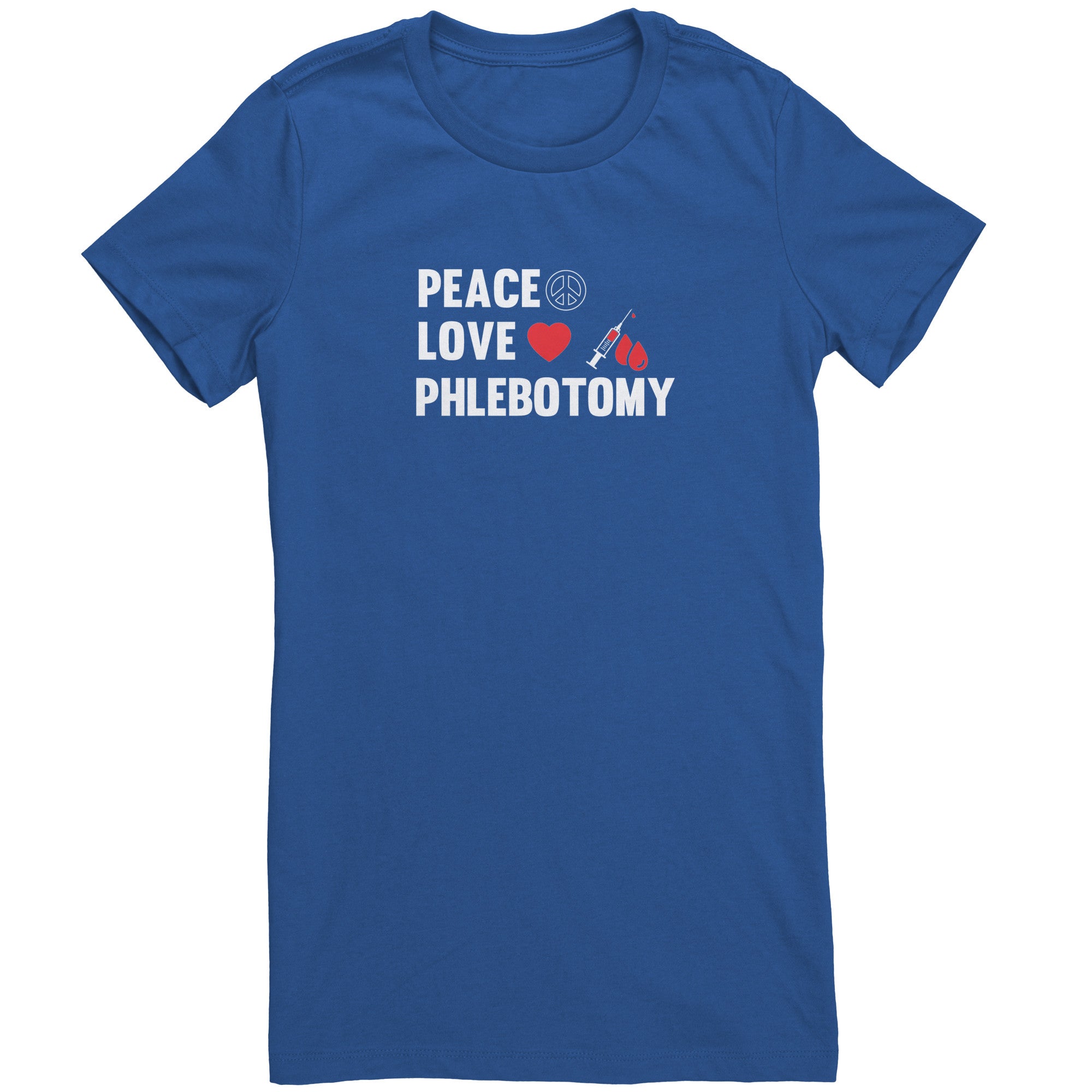 Bella Ladies Crew Neck T-Shirt for Phlebotomists - Peace, Love, and Comfort