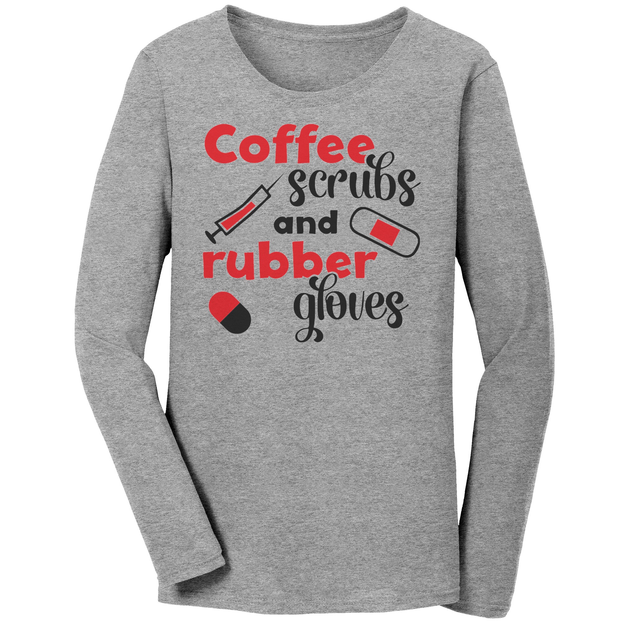 Bella Long Sleeve Shirt - Coffee, Scrubs, and Rubber Gloves Edition with Needle, Pill, and Bandage Design