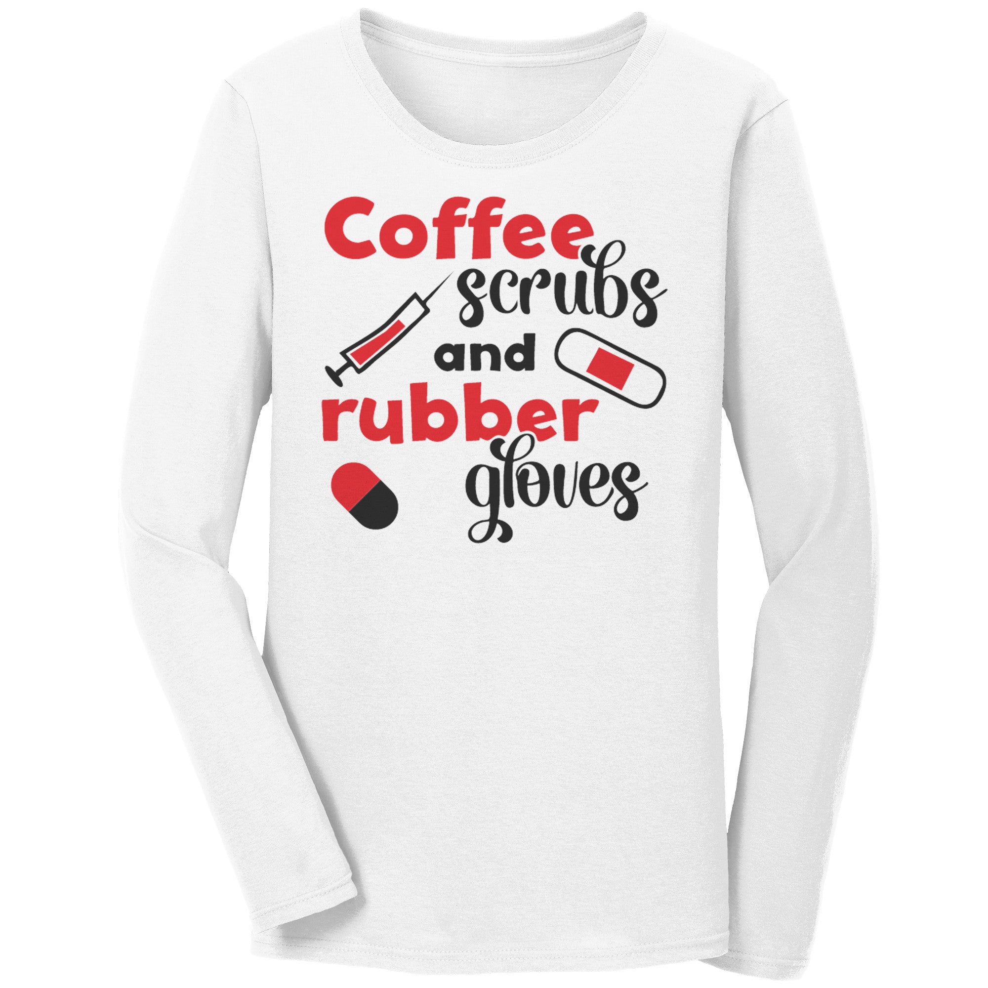 Bella Long Sleeve Shirt - Coffee, Scrubs, and Rubber Gloves Edition with Needle, Pill, and Bandage Design
