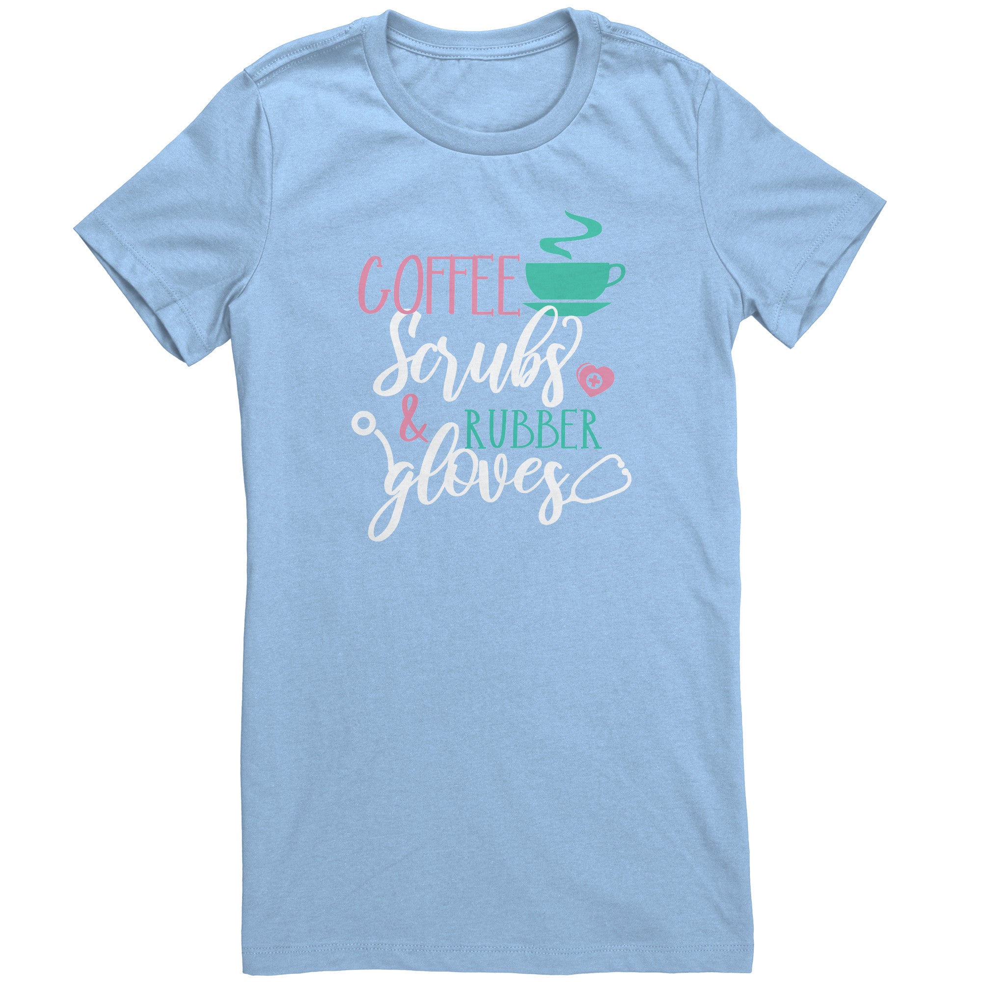 Bella Crew Neck Shirt - Coffee Scrubs & Rubber Gloves with Coffee Cup and Stethoscope Design