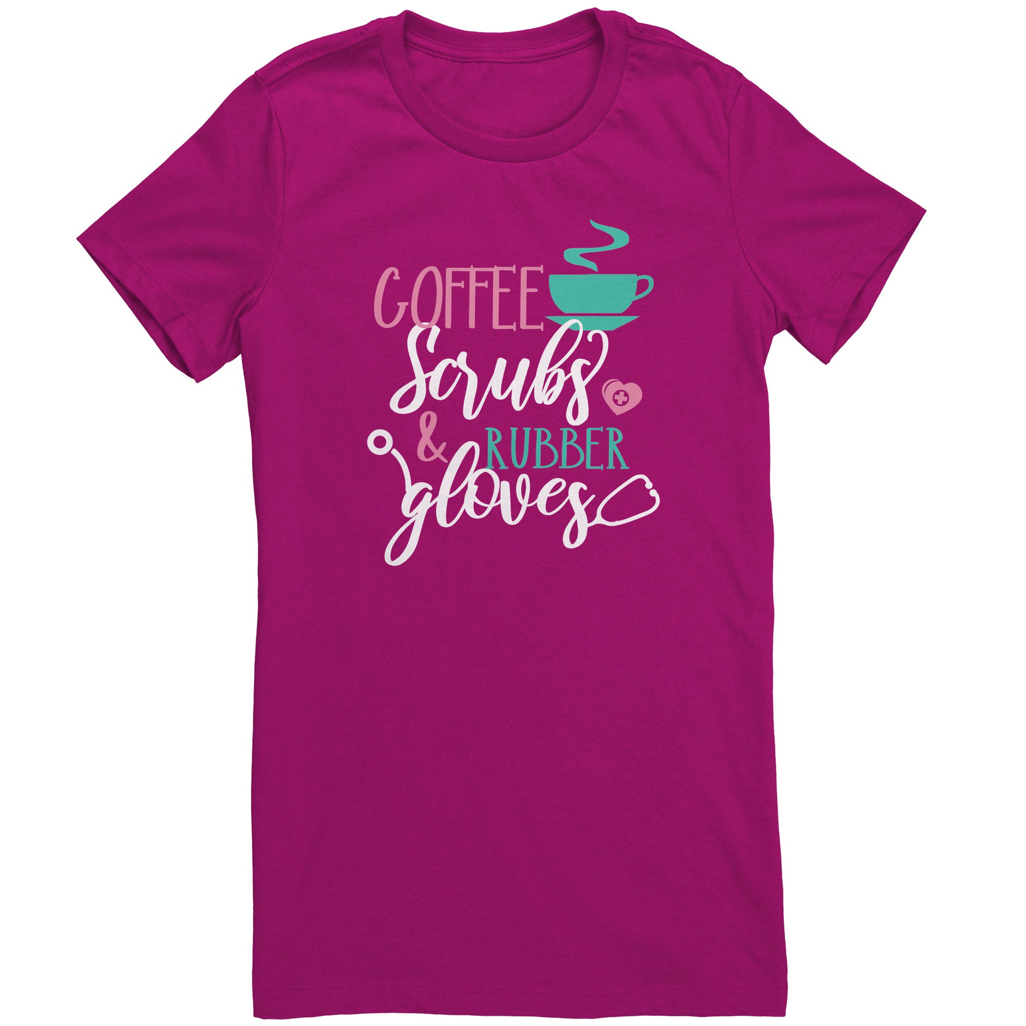 Bella Crew Neck Shirt - Coffee Scrubs & Rubber Gloves with Coffee Cup and Stethoscope Design