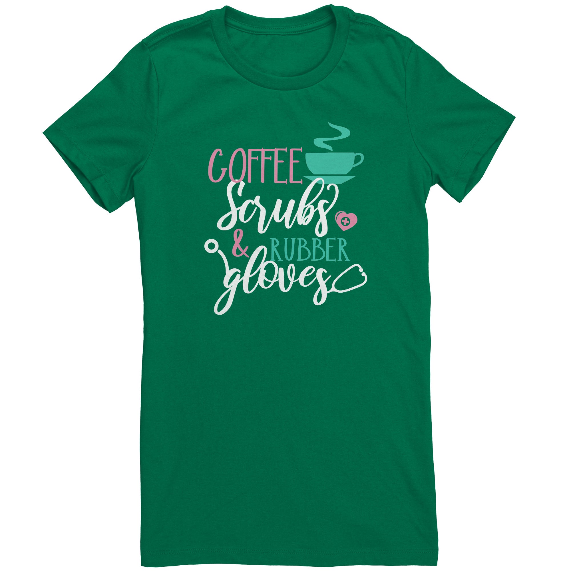 Bella Crew Neck Shirt - Coffee Scrubs & Rubber Gloves with Coffee Cup and Stethoscope Design