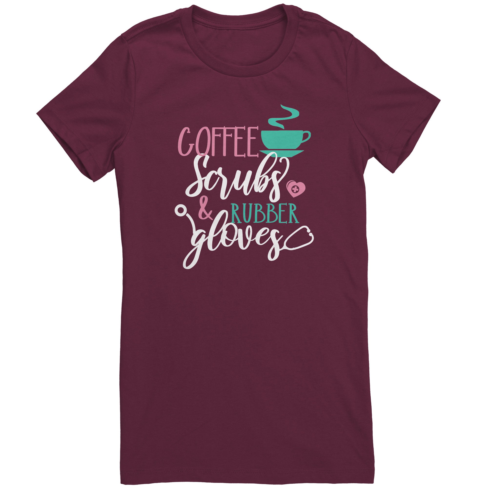 Bella Crew Neck Shirt - Coffee Scrubs & Rubber Gloves with Coffee Cup and Stethoscope Design