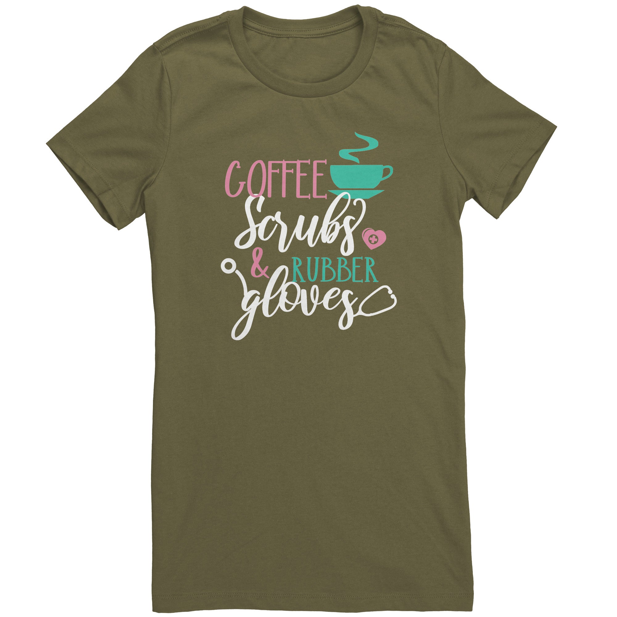 Bella Crew Neck Shirt - Coffee Scrubs & Rubber Gloves with Coffee Cup and Stethoscope Design