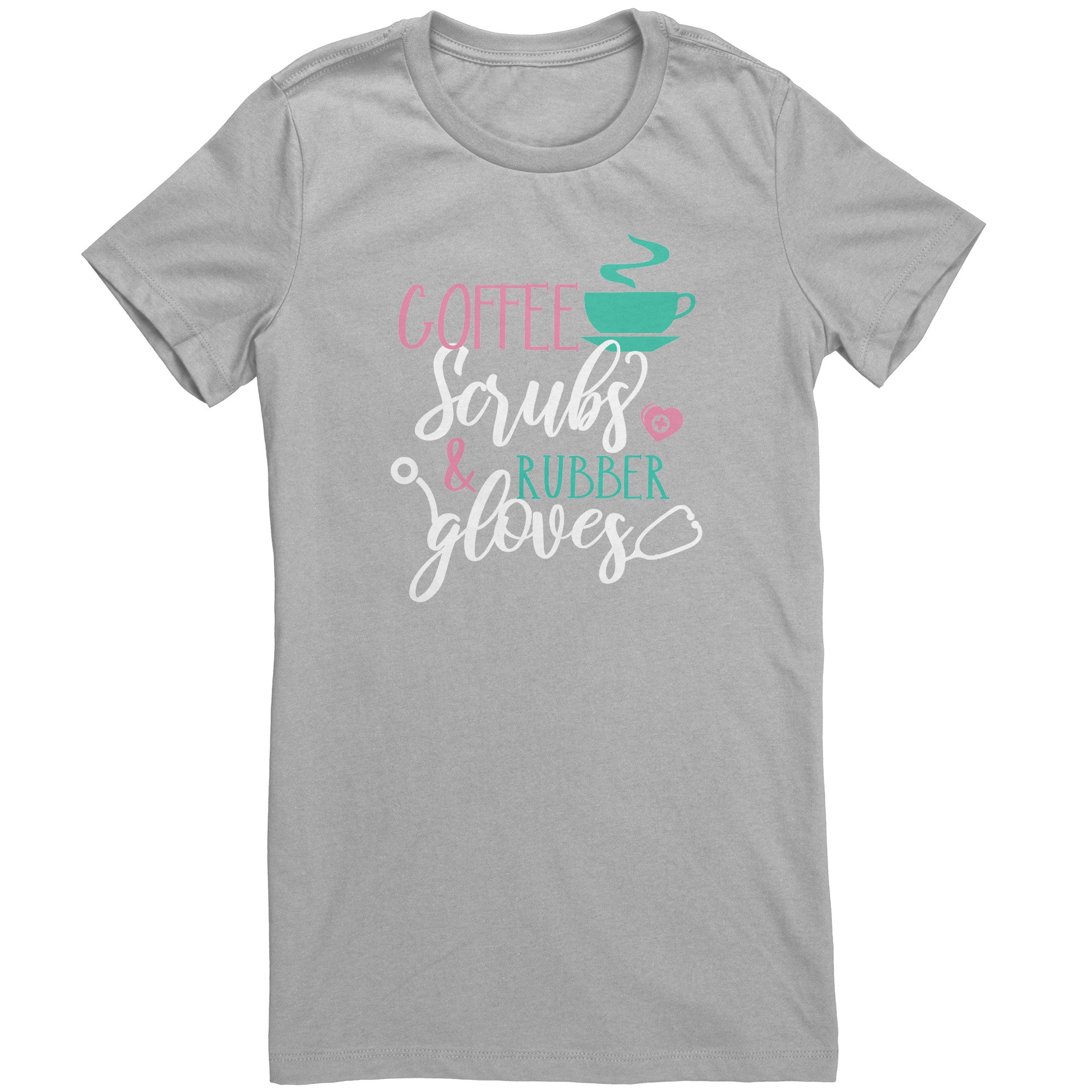 Bella Crew Neck Shirt - Coffee Scrubs & Rubber Gloves with Coffee Cup and Stethoscope Design