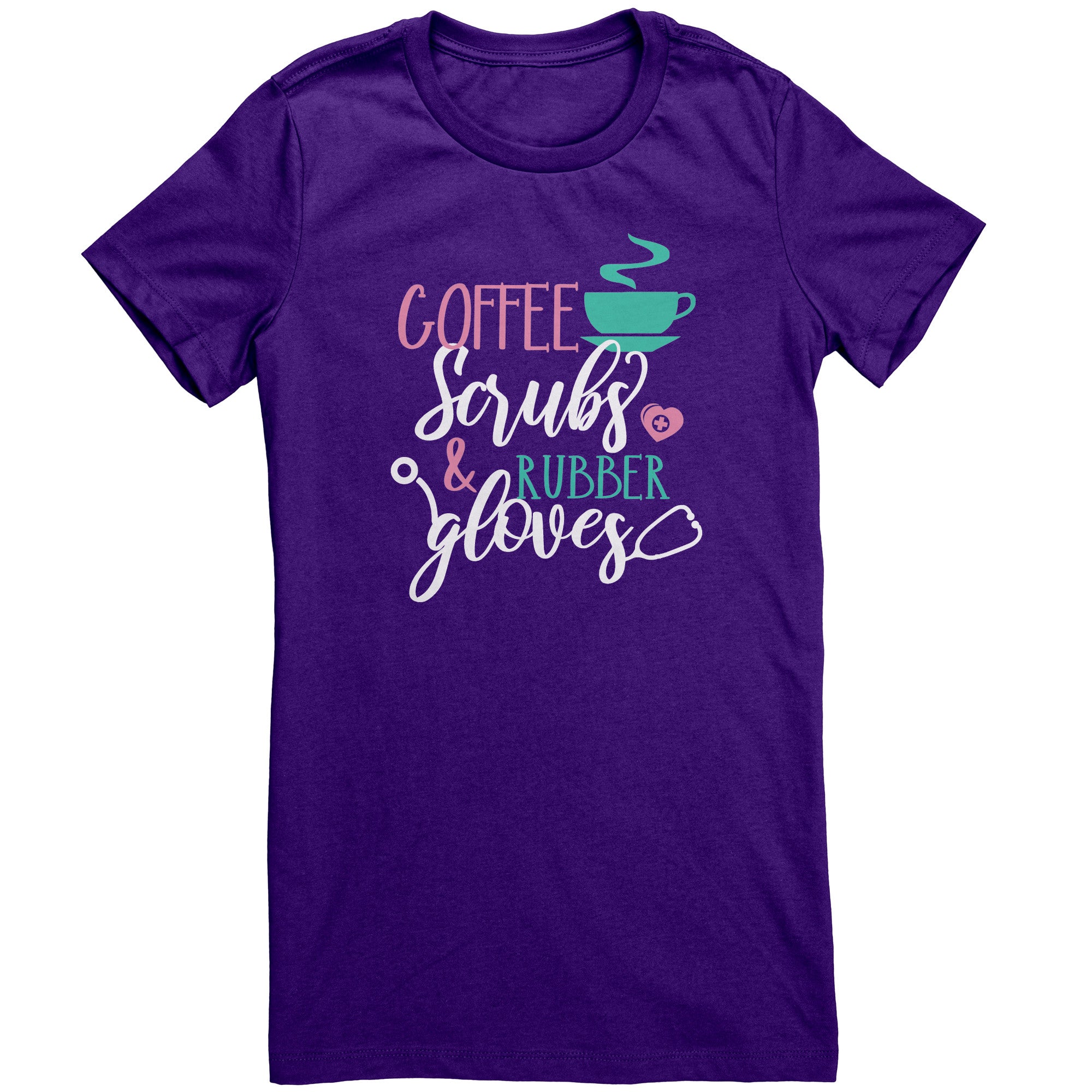 Bella Crew Neck Shirt - Coffee Scrubs & Rubber Gloves with Coffee Cup and Stethoscope Design
