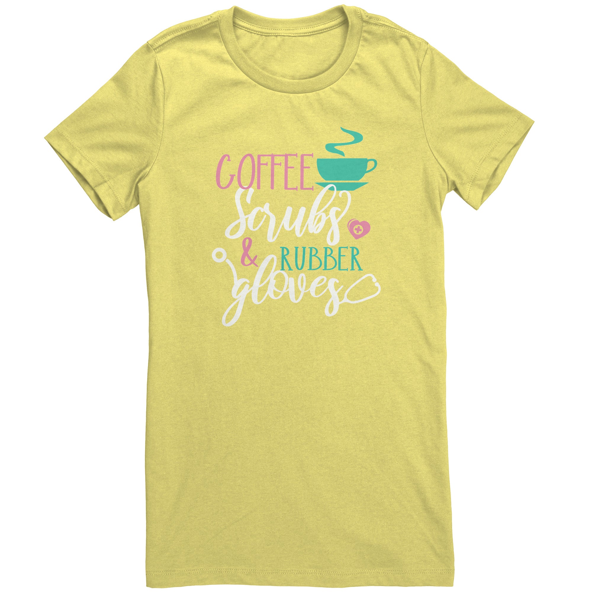 Bella Crew Neck Shirt - Coffee Scrubs & Rubber Gloves with Coffee Cup and Stethoscope Design