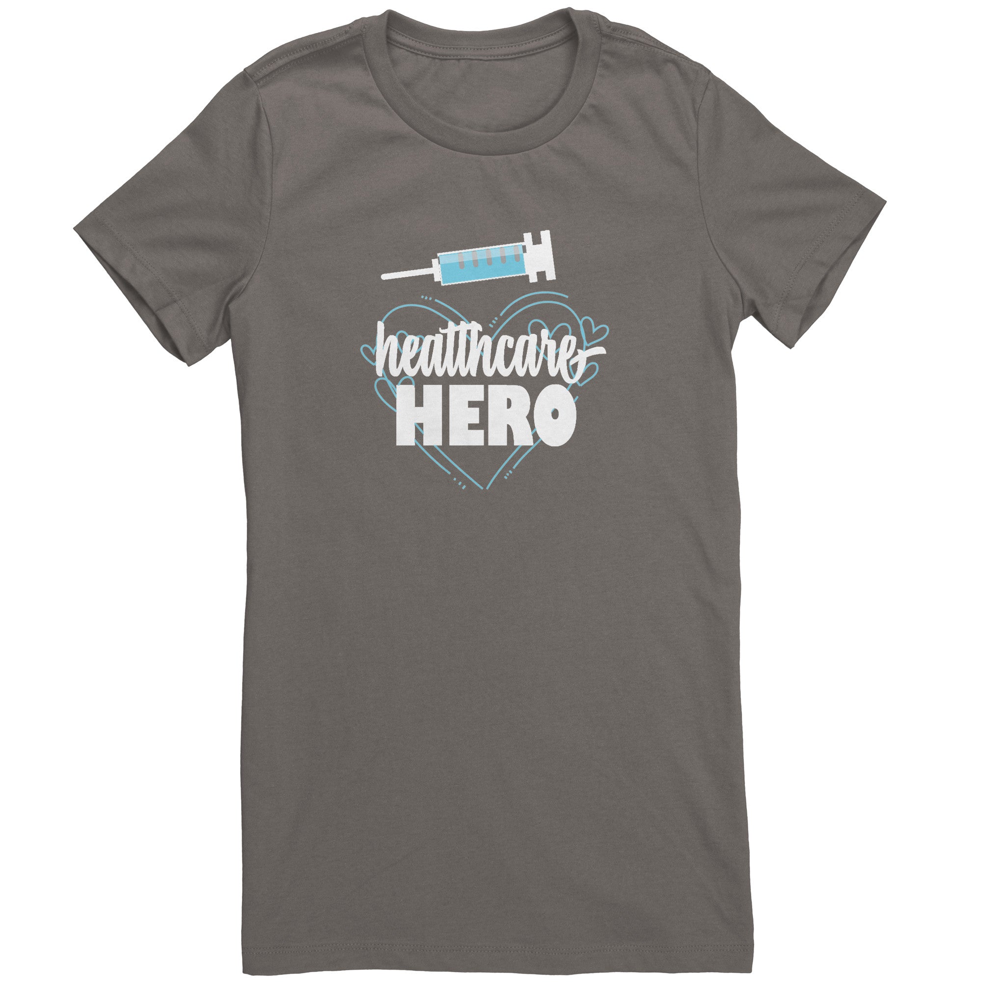 Bella Crew Neck Shirt - Healthcare Hero Design with Light Blue Hearts & Needle Graphic