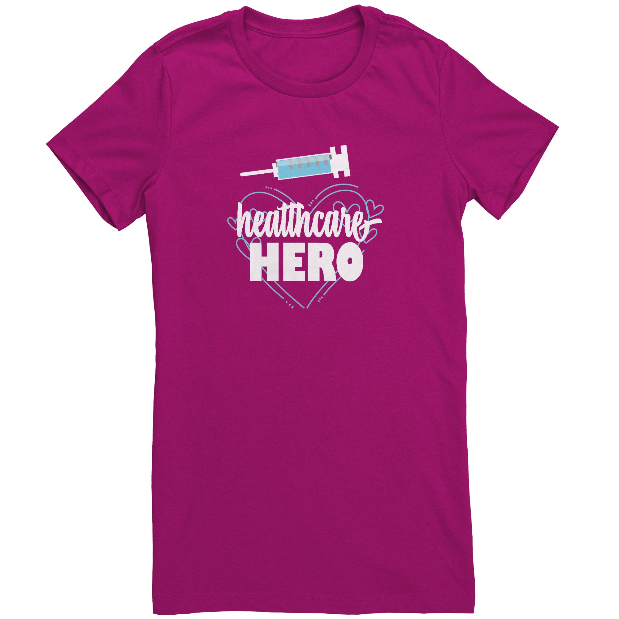 Bella Crew Neck Shirt - Healthcare Hero Design with Light Blue Hearts & Needle Graphic