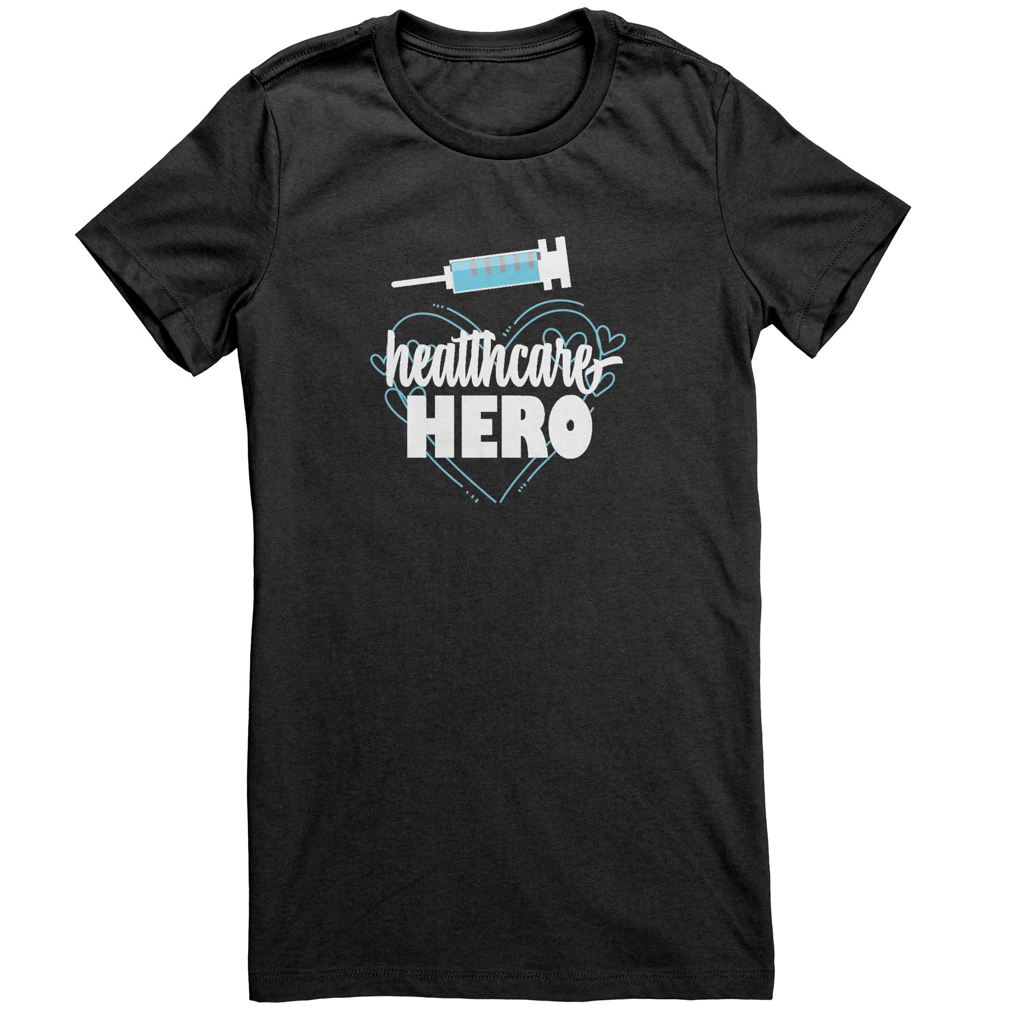 Bella Crew Neck Shirt - Healthcare Hero Design with Light Blue Hearts & Needle Graphic