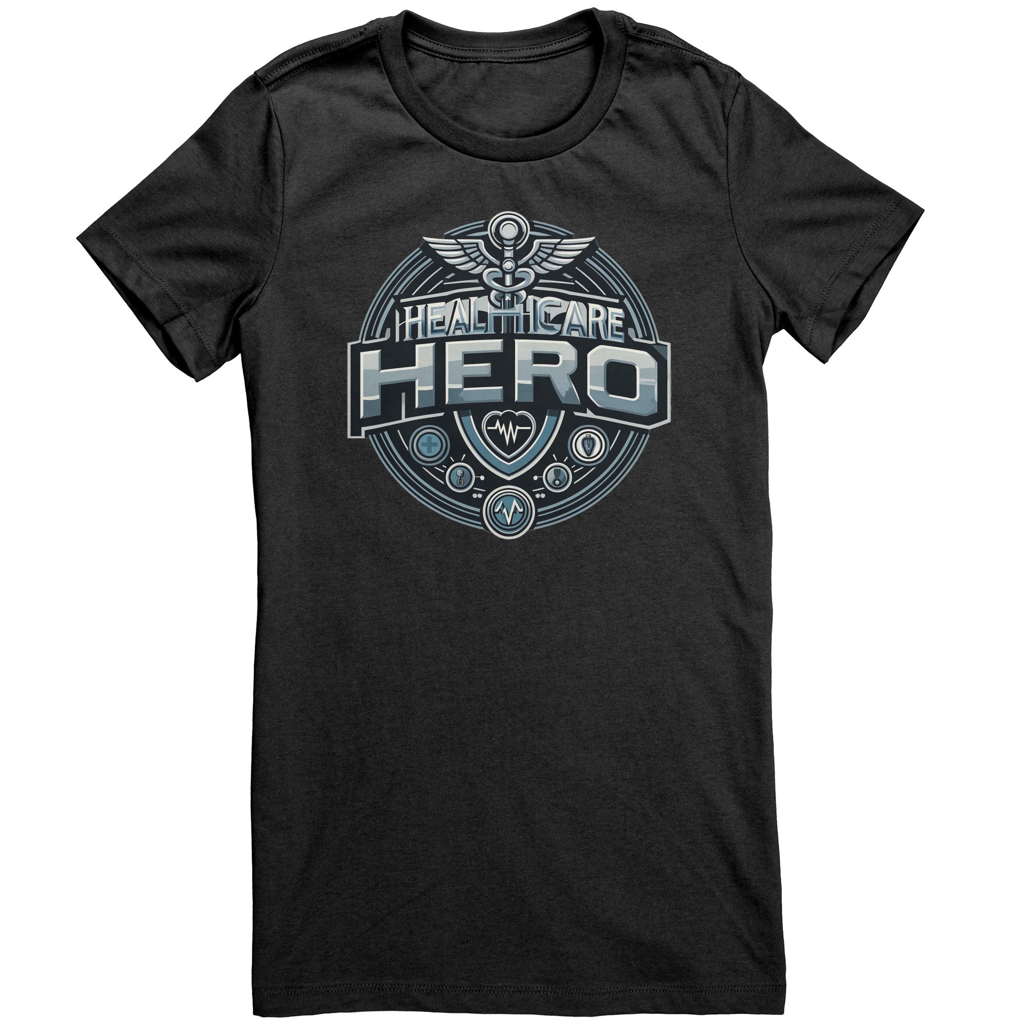 Bella Crew Neck Shirt - Healthcare Hero with Medical Symbols and Heartbeat Design