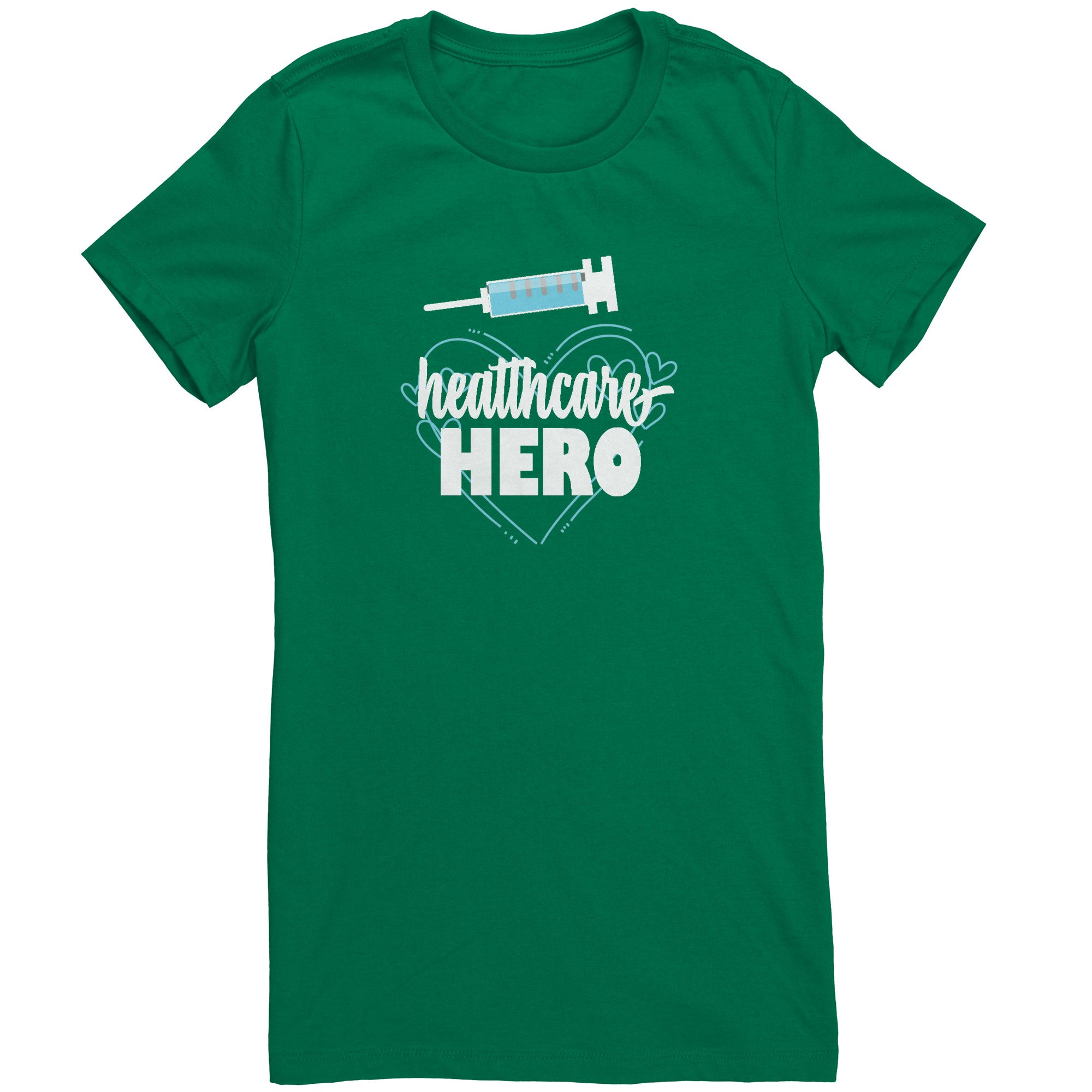 Bella Crew Neck Shirt - Healthcare Hero Design with Light Blue Hearts & Needle Graphic