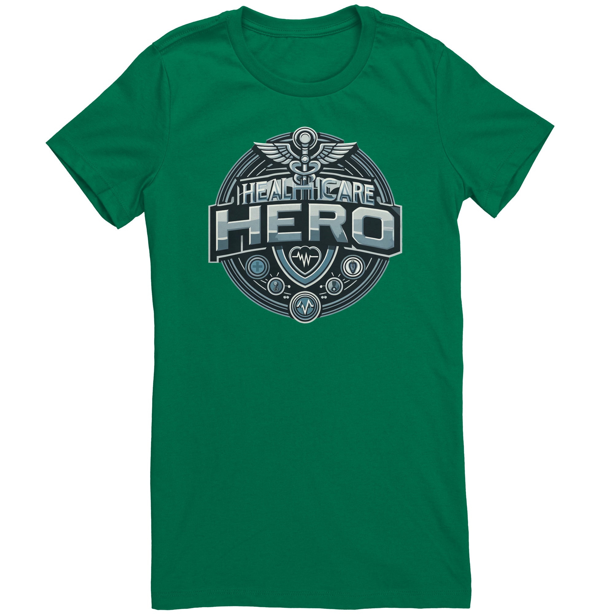 Bella Crew Neck Shirt - Healthcare Hero with Medical Symbols and Heartbeat Design