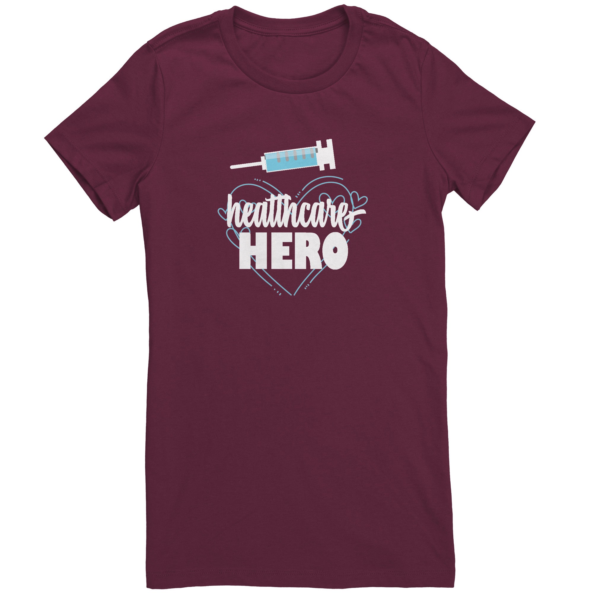 Bella Crew Neck Shirt - Healthcare Hero Design with Light Blue Hearts & Needle Graphic