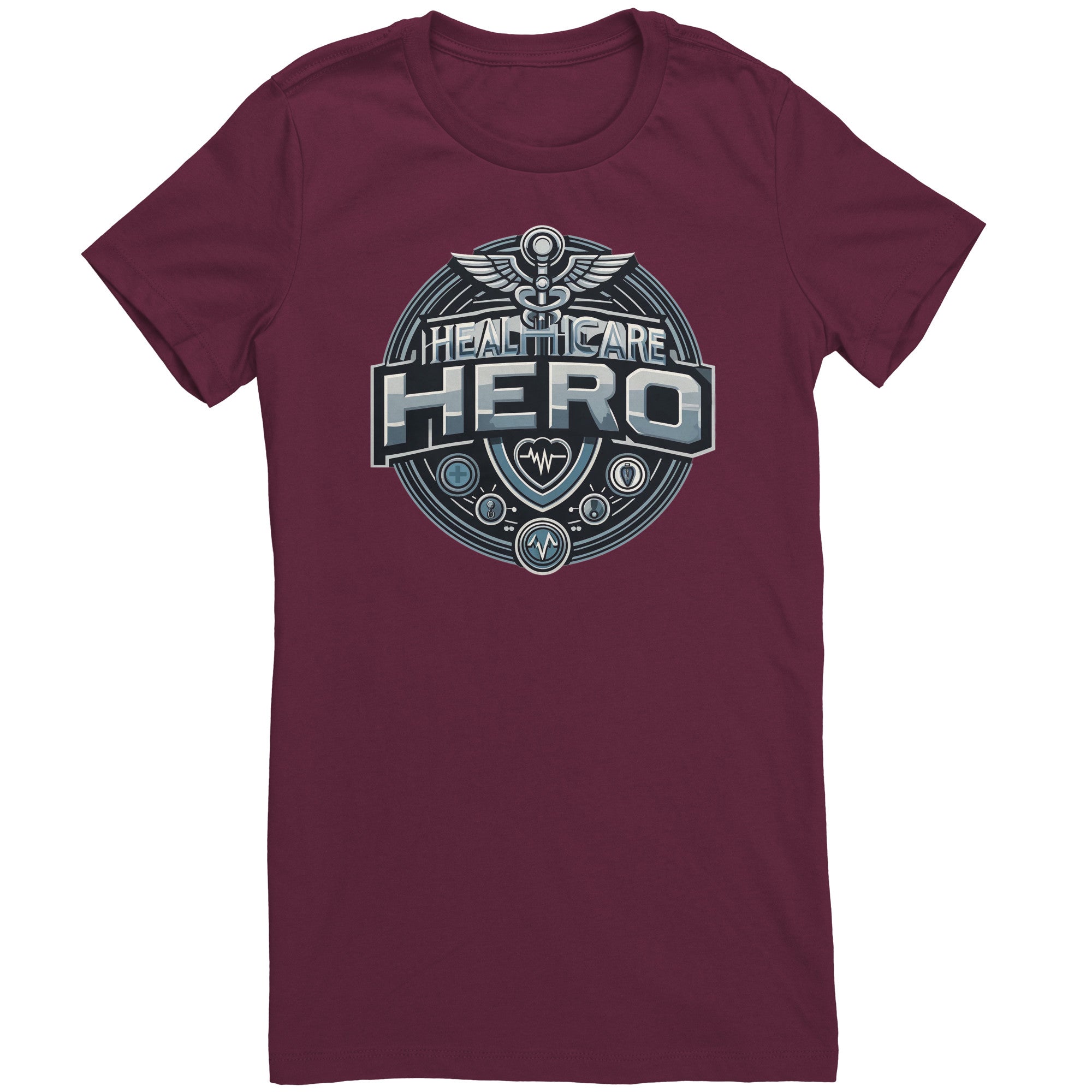 Bella Crew Neck Shirt - Healthcare Hero with Medical Symbols and Heartbeat Design