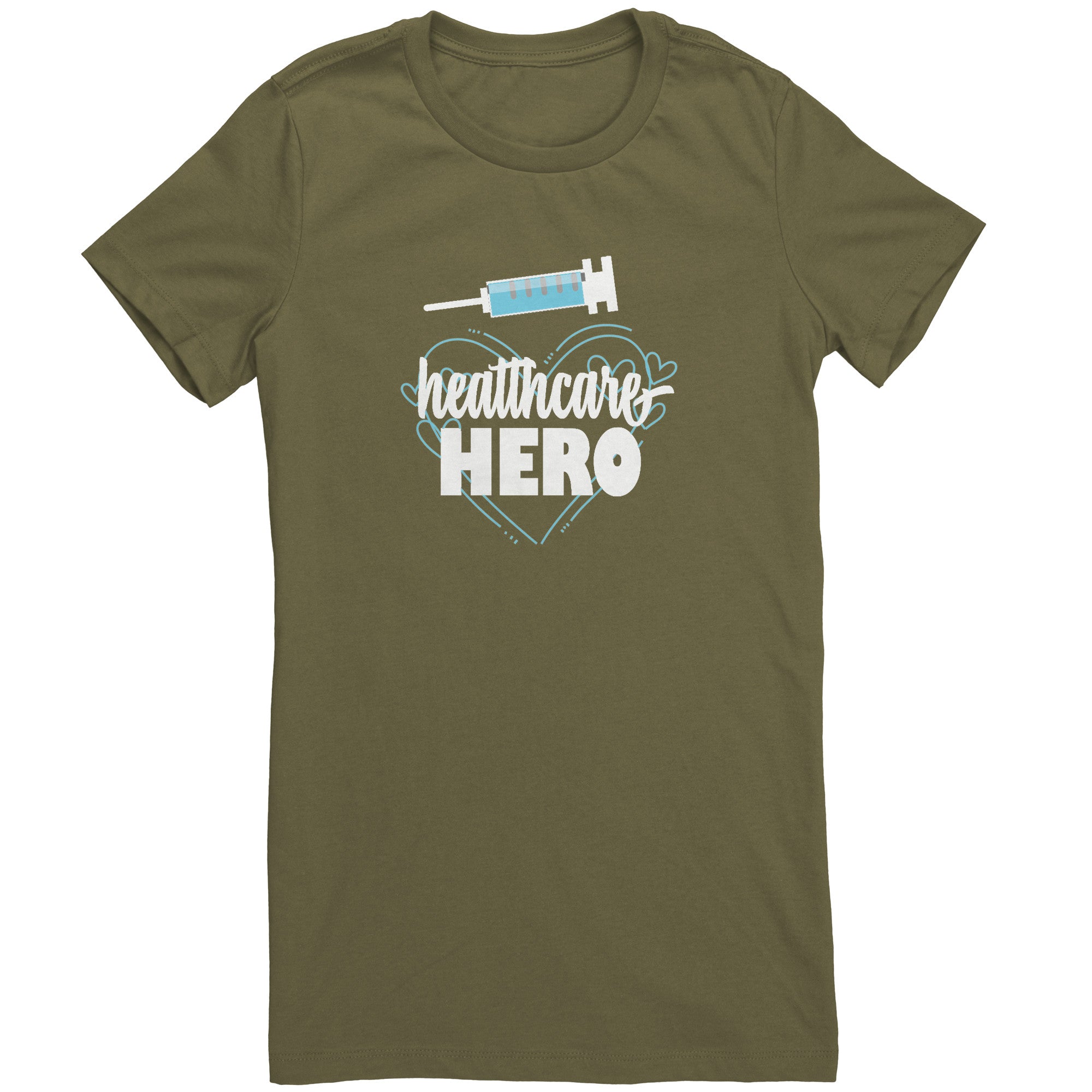 Bella Crew Neck Shirt - Healthcare Hero Design with Light Blue Hearts & Needle Graphic