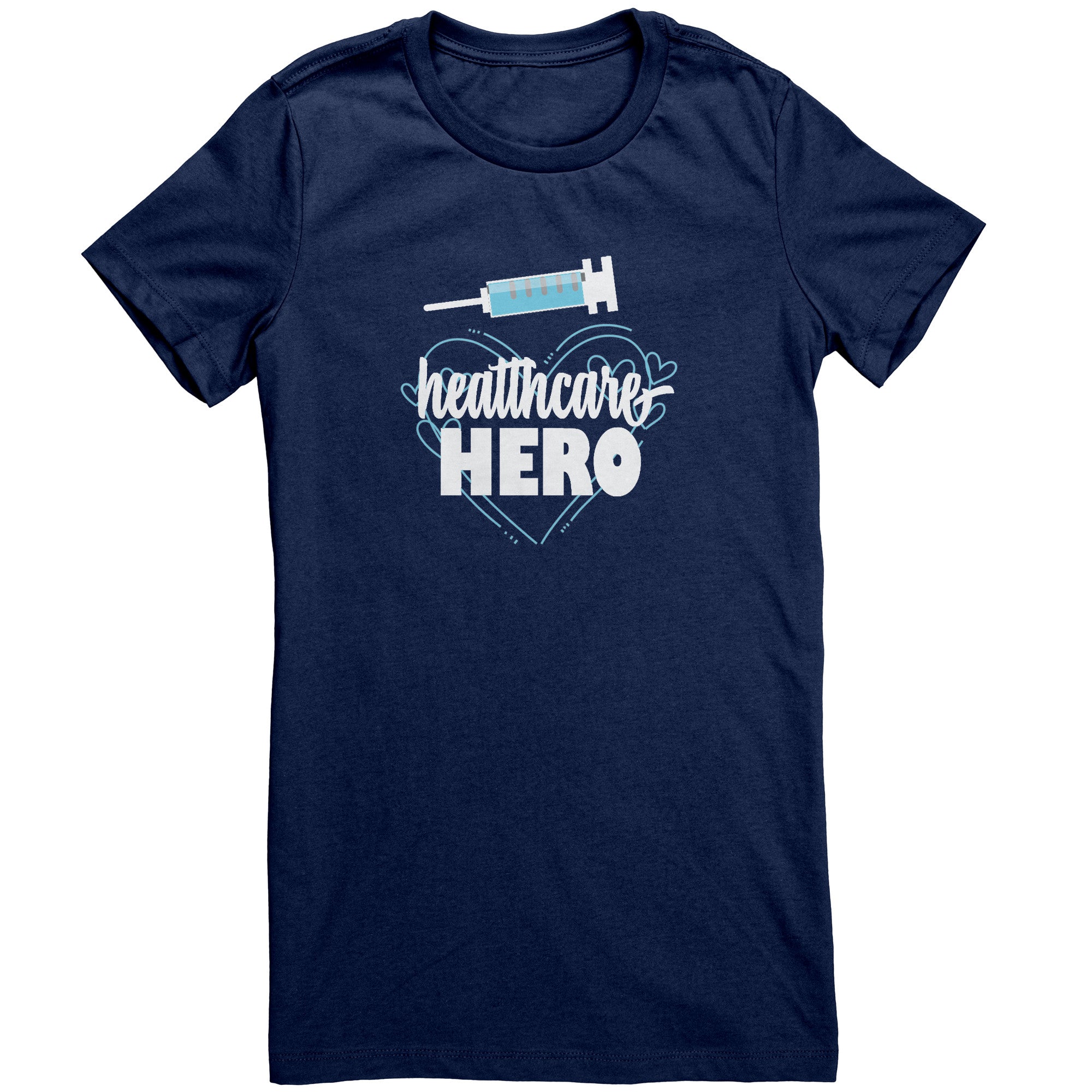 Bella Crew Neck Shirt - Healthcare Hero Design with Light Blue Hearts & Needle Graphic