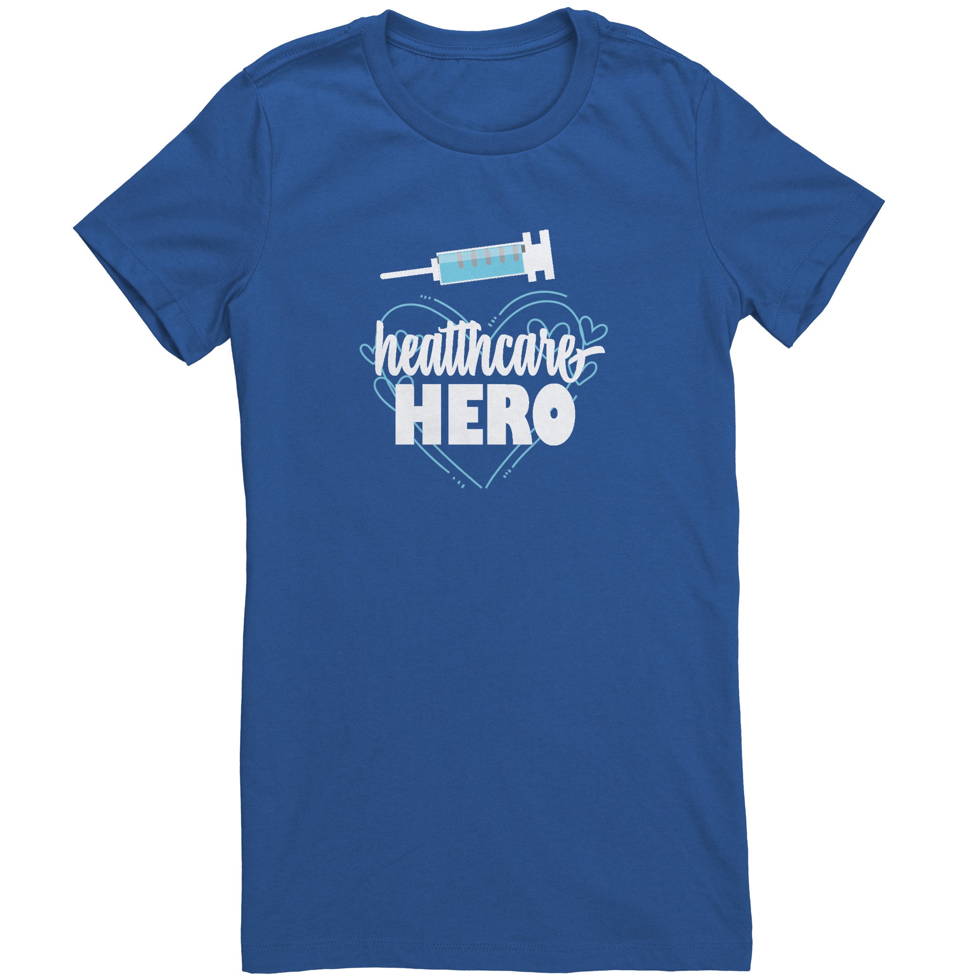 Bella Crew Neck Shirt - Healthcare Hero Design with Light Blue Hearts & Needle Graphic
