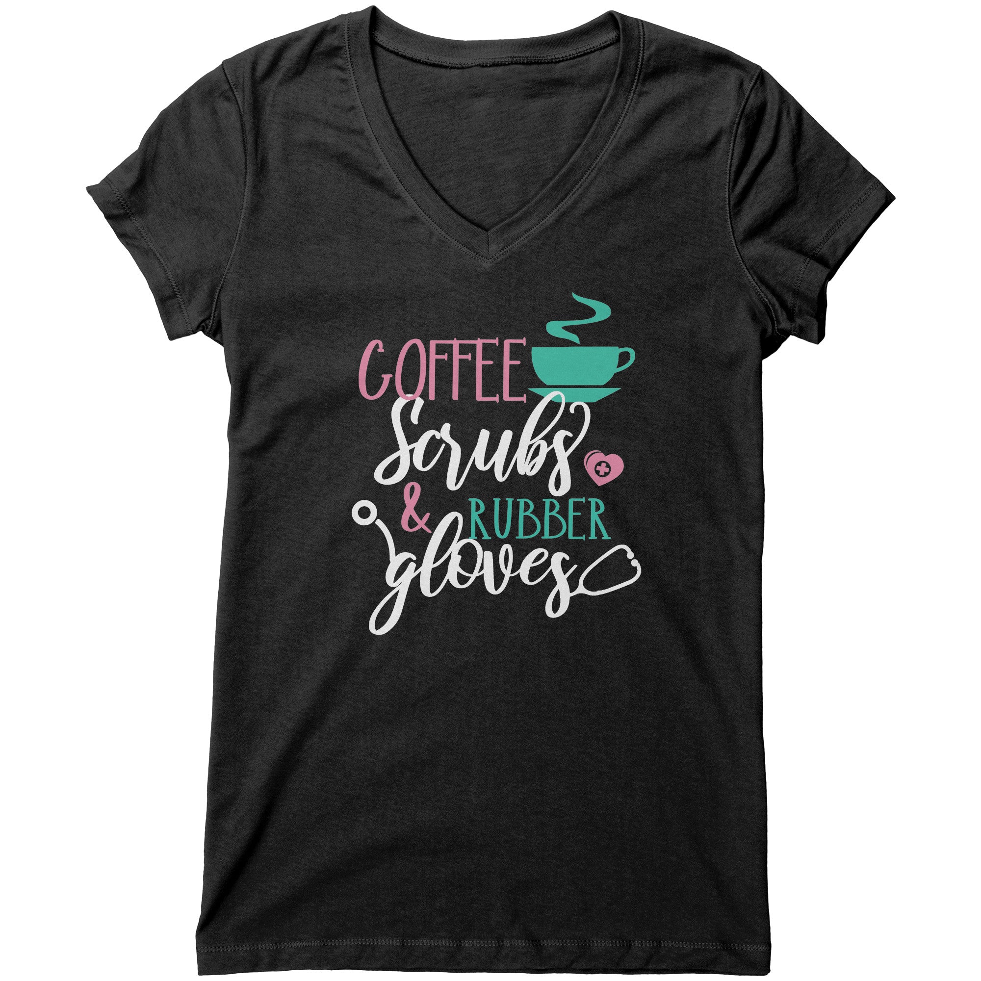 Bella Women's V-Neck T-Shirt - Coffee, Scrubs, and Rubber Gloves with Cup and Heart Design