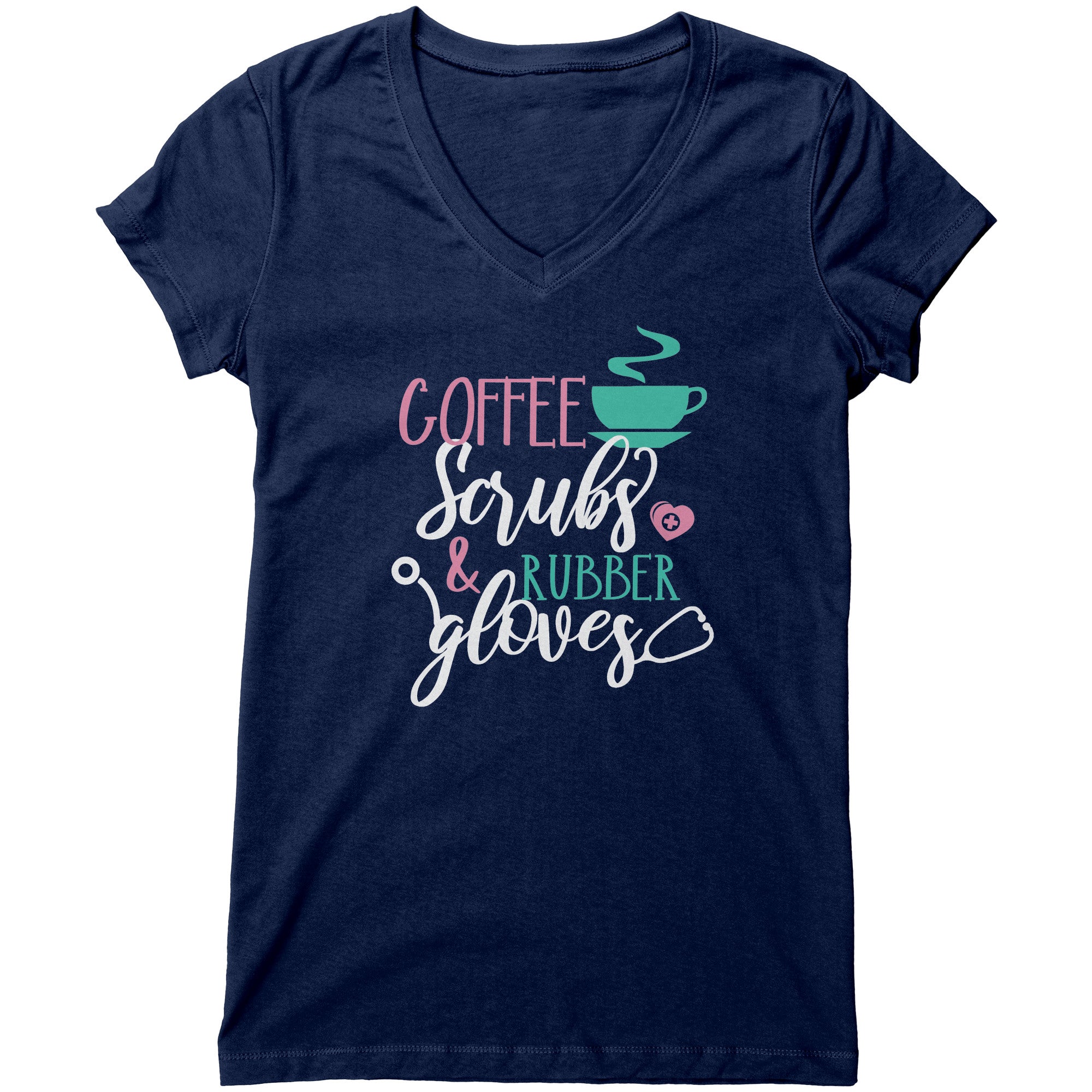 Bella Women's V-Neck T-Shirt - Coffee, Scrubs, and Rubber Gloves with Cup and Heart Design