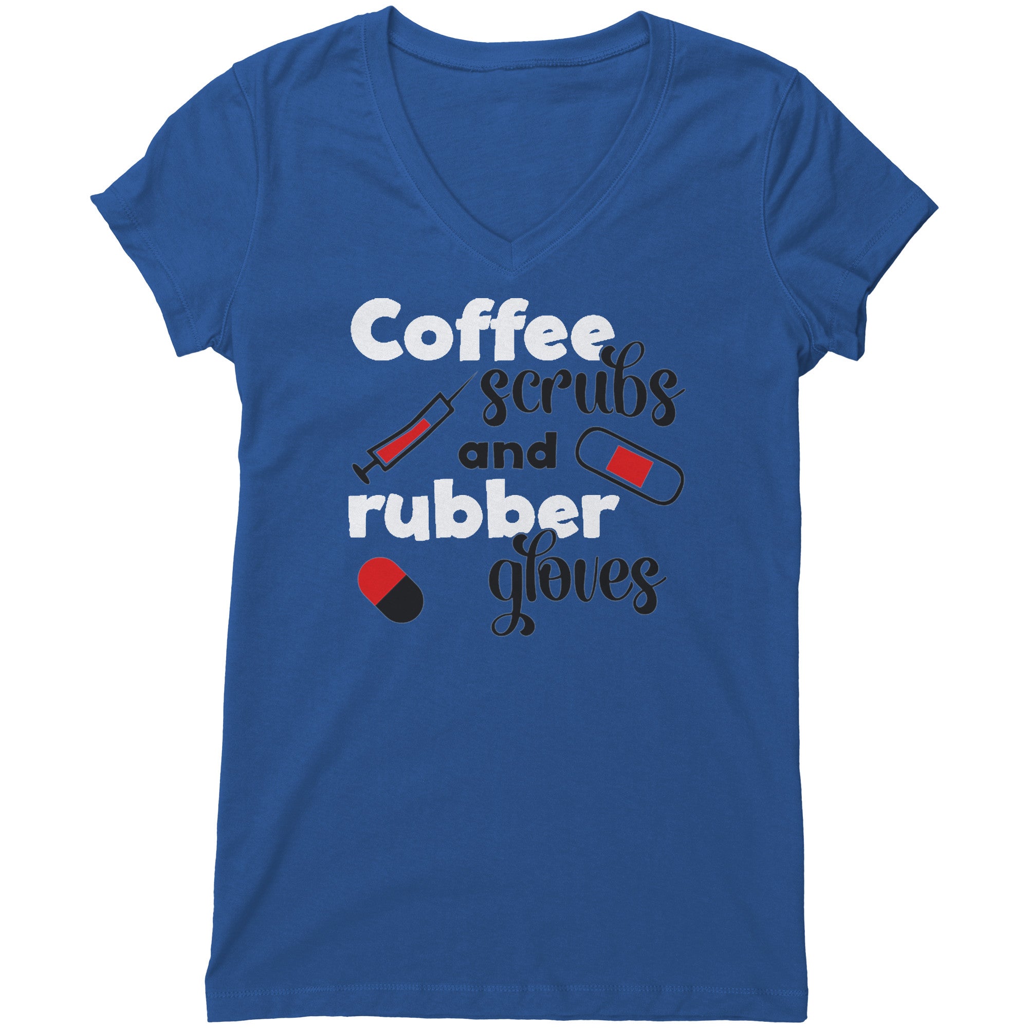 Bella Women's V-Neck T-Shirt - Coffee, Scrubs, and Rubber Gloves with Medical Icons