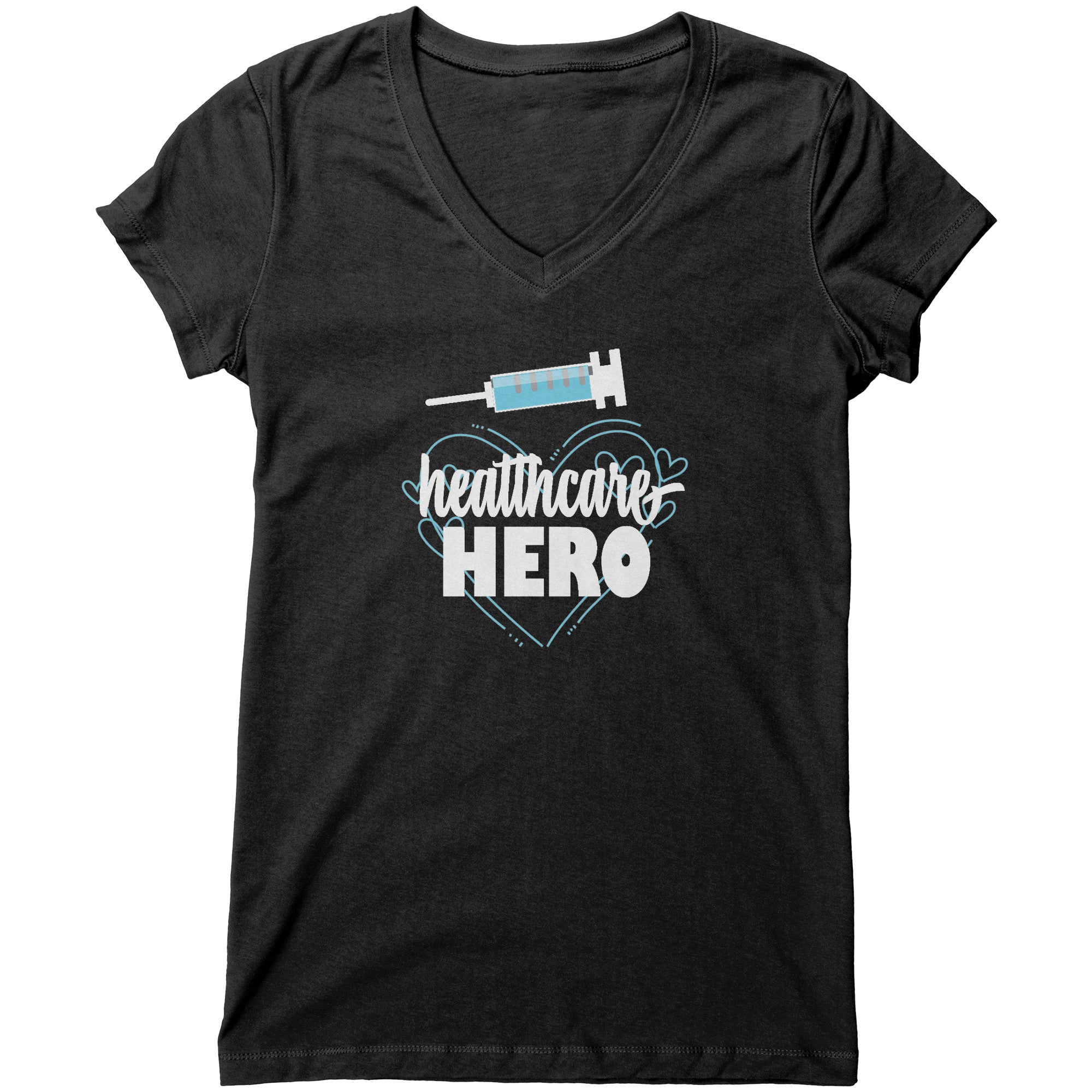Bella Women's V-Neck T-Shirt - Healthcare Hero with Light Blue Hearts and Needle Design