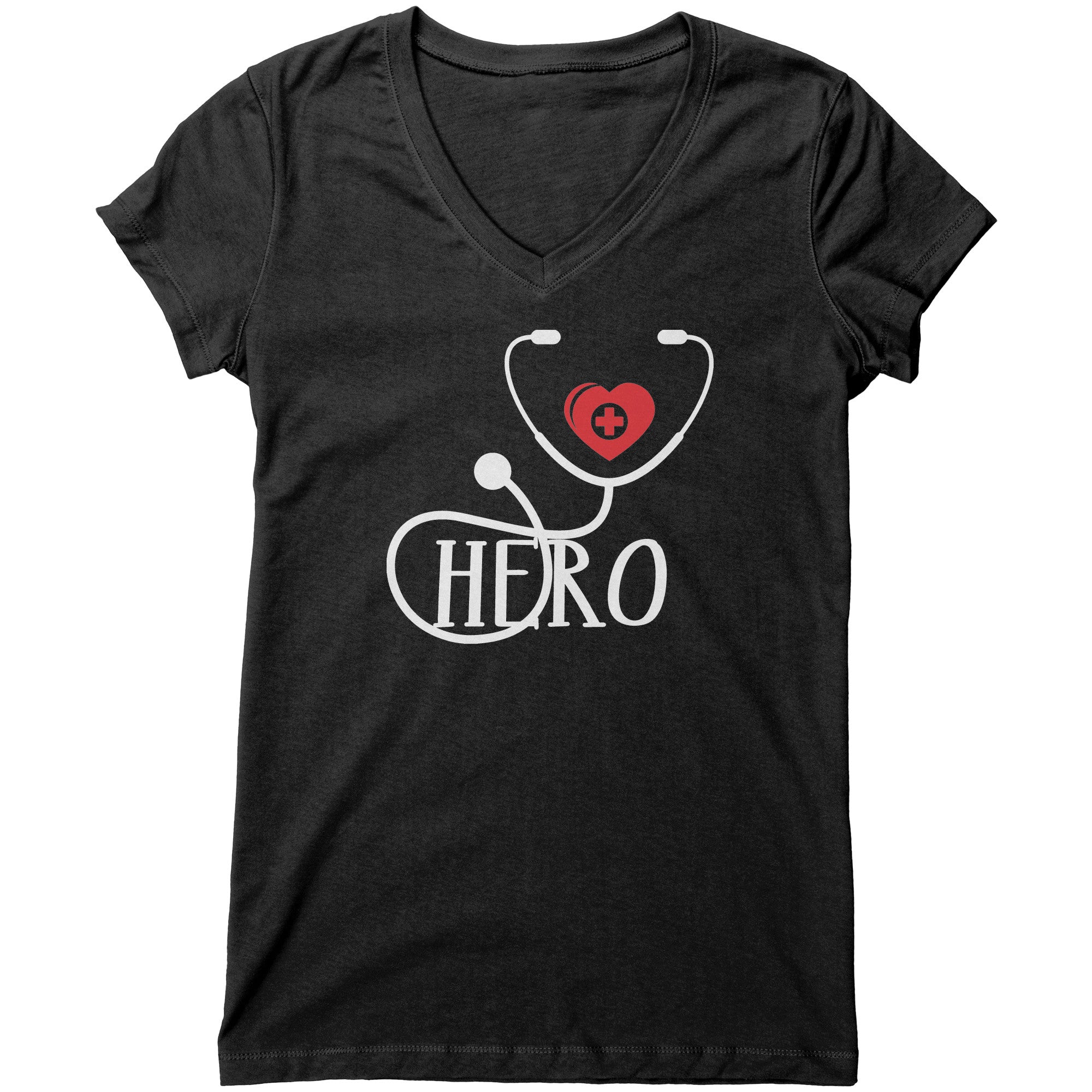 Bella Women's V-Neck T-Shirt - Healthcare Hero with Red Heart and Cross Design